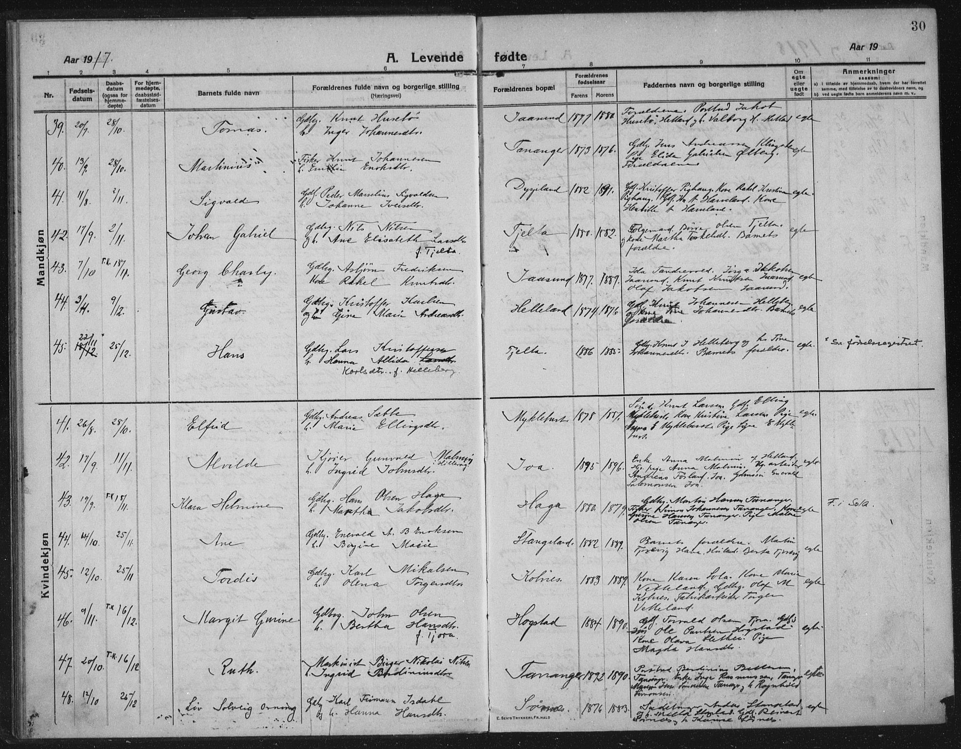 Håland sokneprestkontor, SAST/A-101802/002/C/L0001: Parish register (official) no. A 14, 1913-1927, p. 30