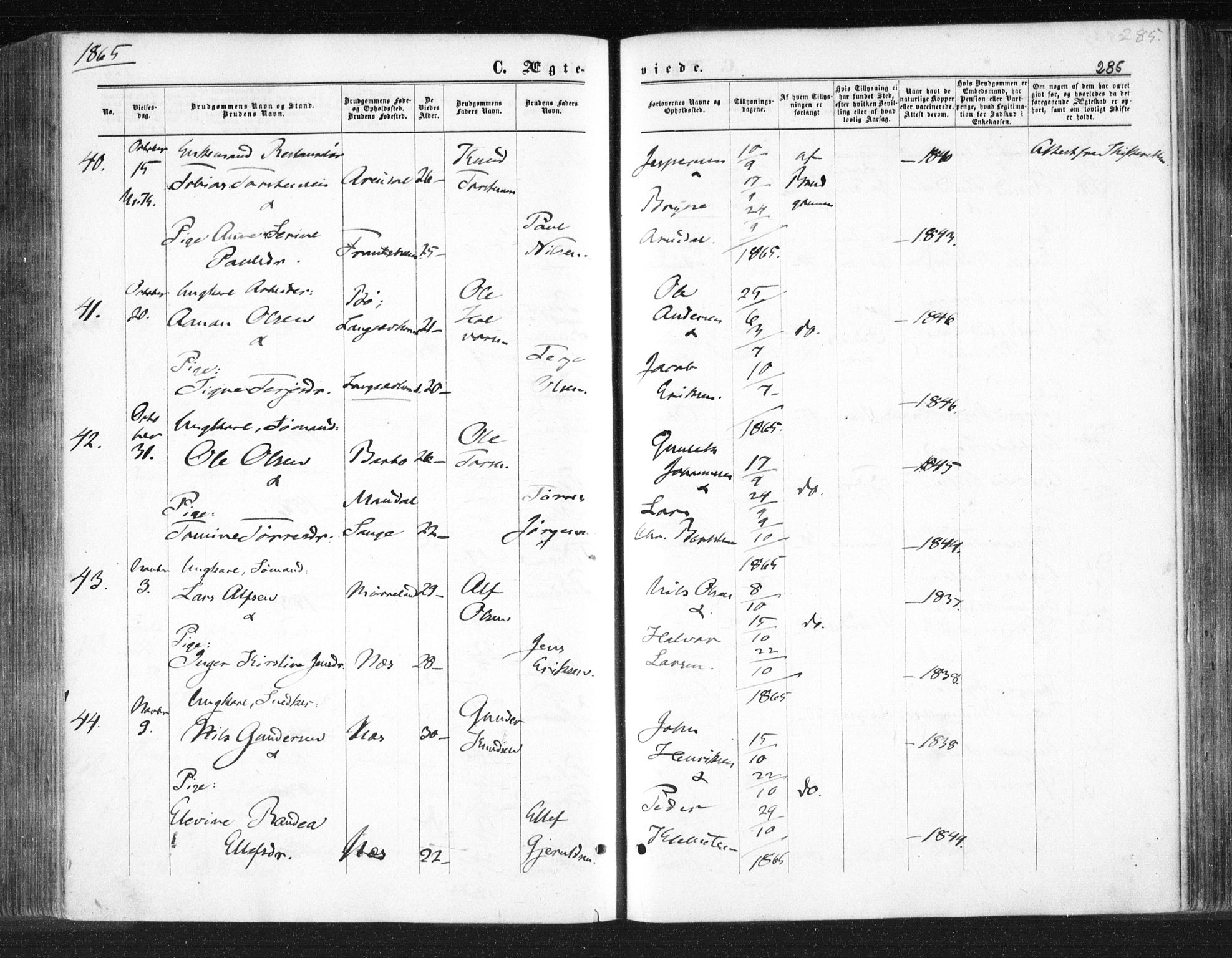 Tromøy sokneprestkontor, AV/SAK-1111-0041/F/Fa/L0007: Parish register (official) no. A 7, 1864-1869, p. 285