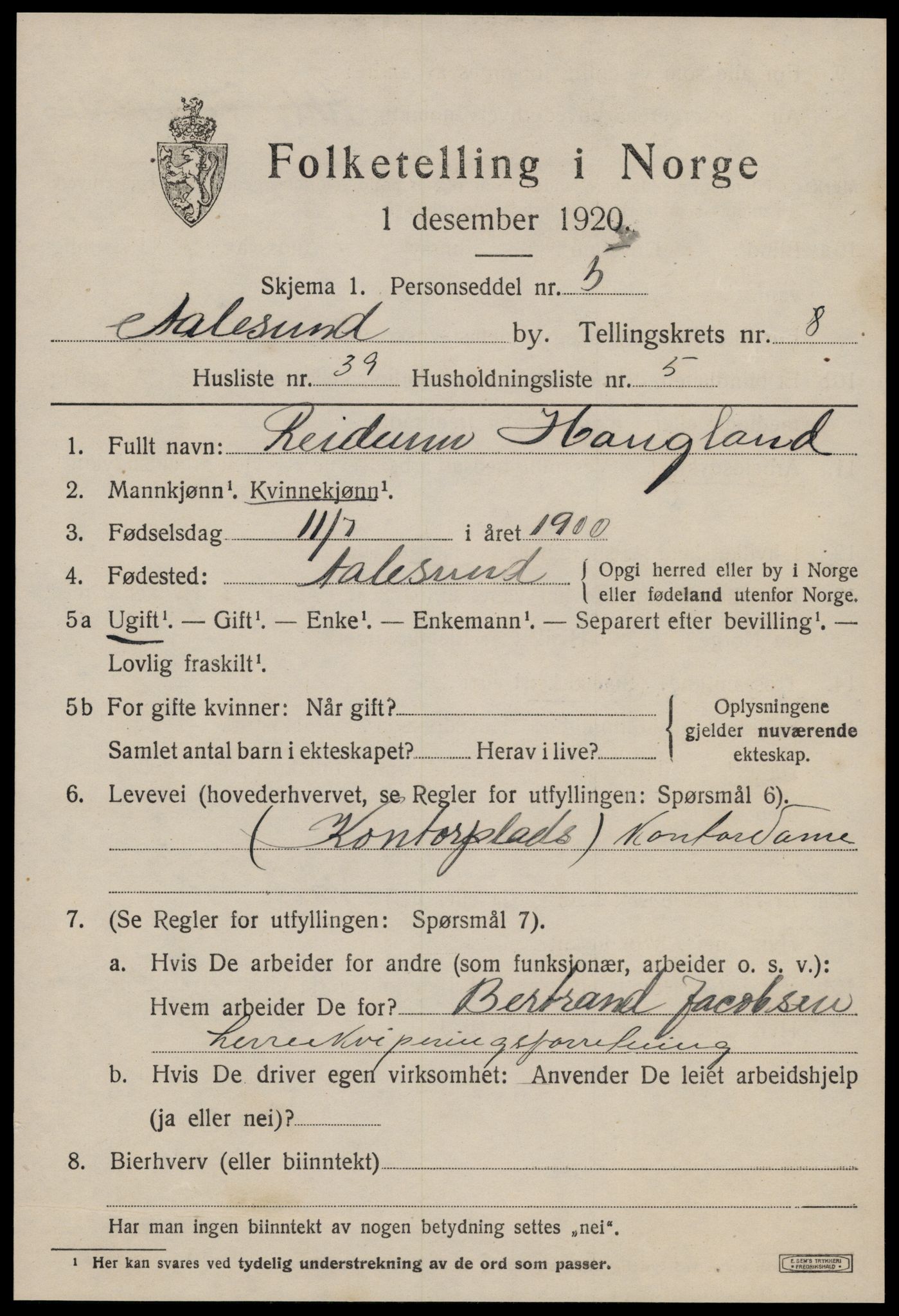 SAT, 1920 census for Ålesund, 1920, p. 22648