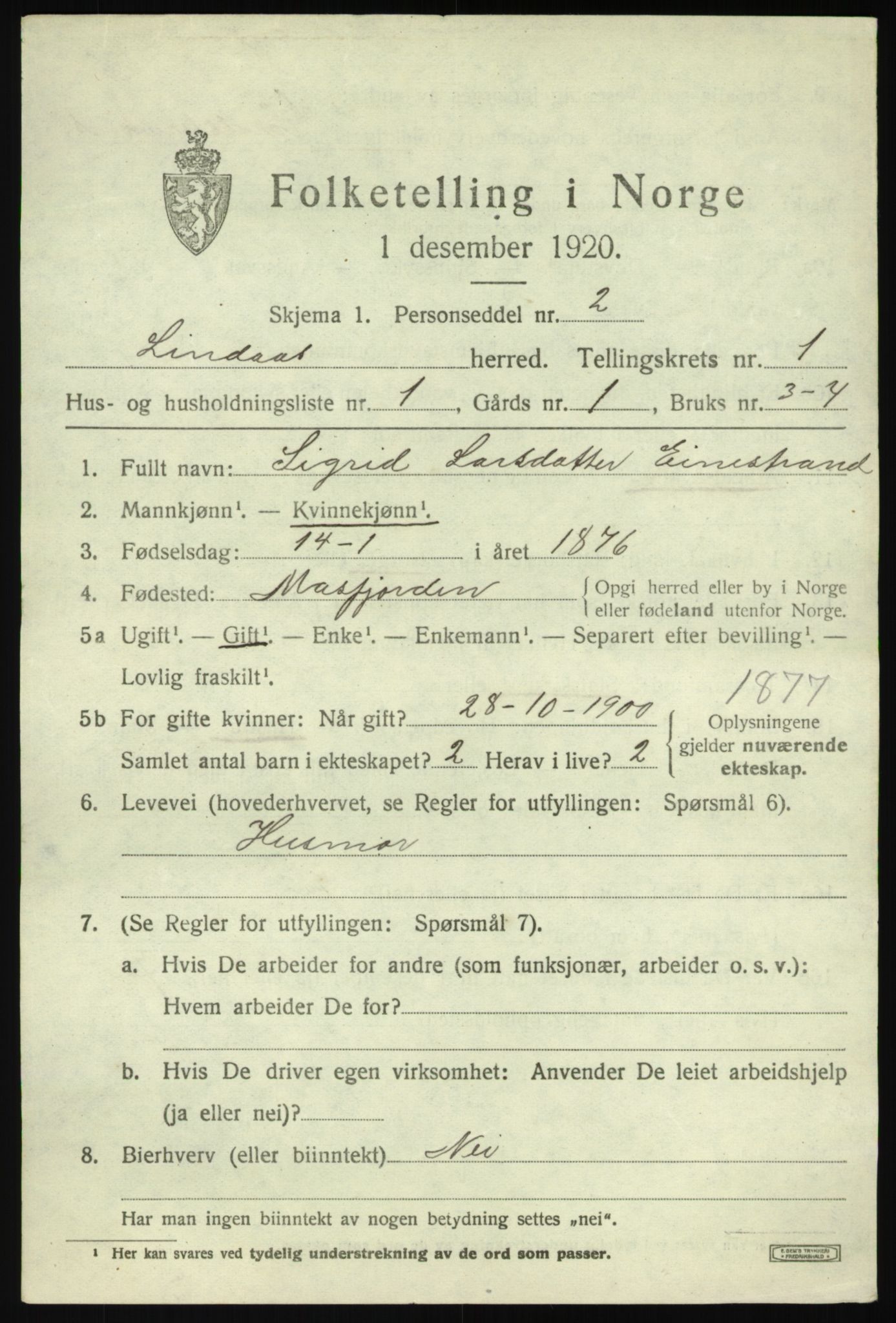 SAB, 1920 census for Lindås, 1920, p. 1433