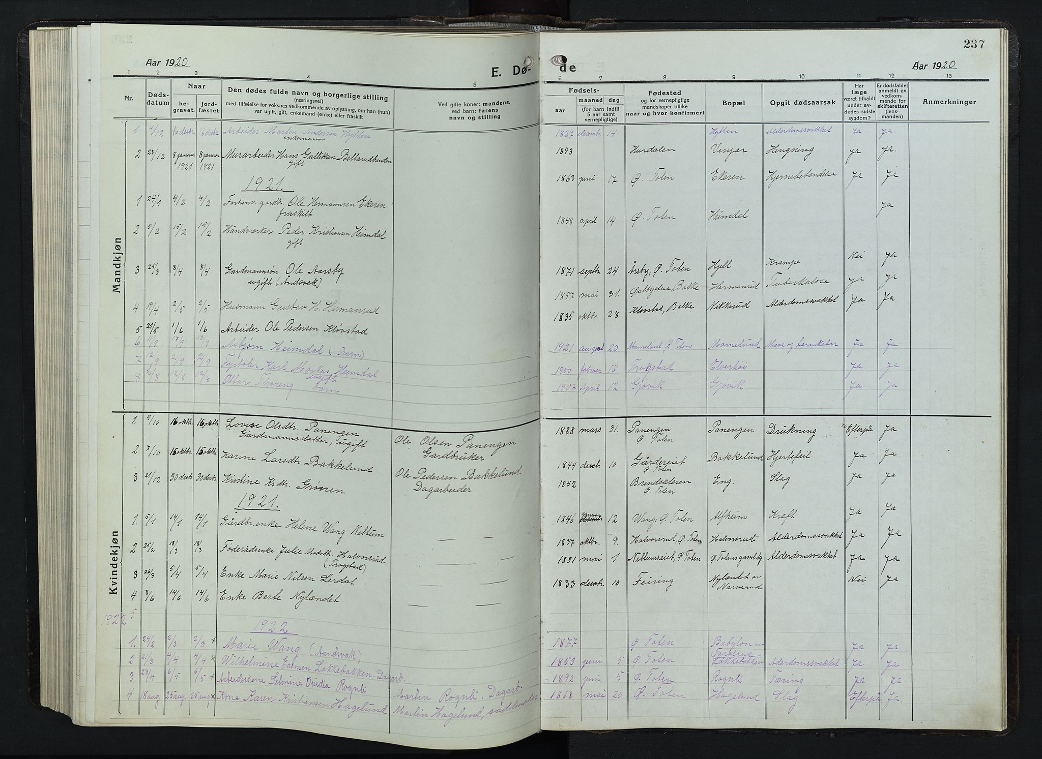 Balke prestekontor, SAH/PREST-106/H/Ha/Hab/L0001: Parish register (copy) no. 1, 1920-1955, p. 237