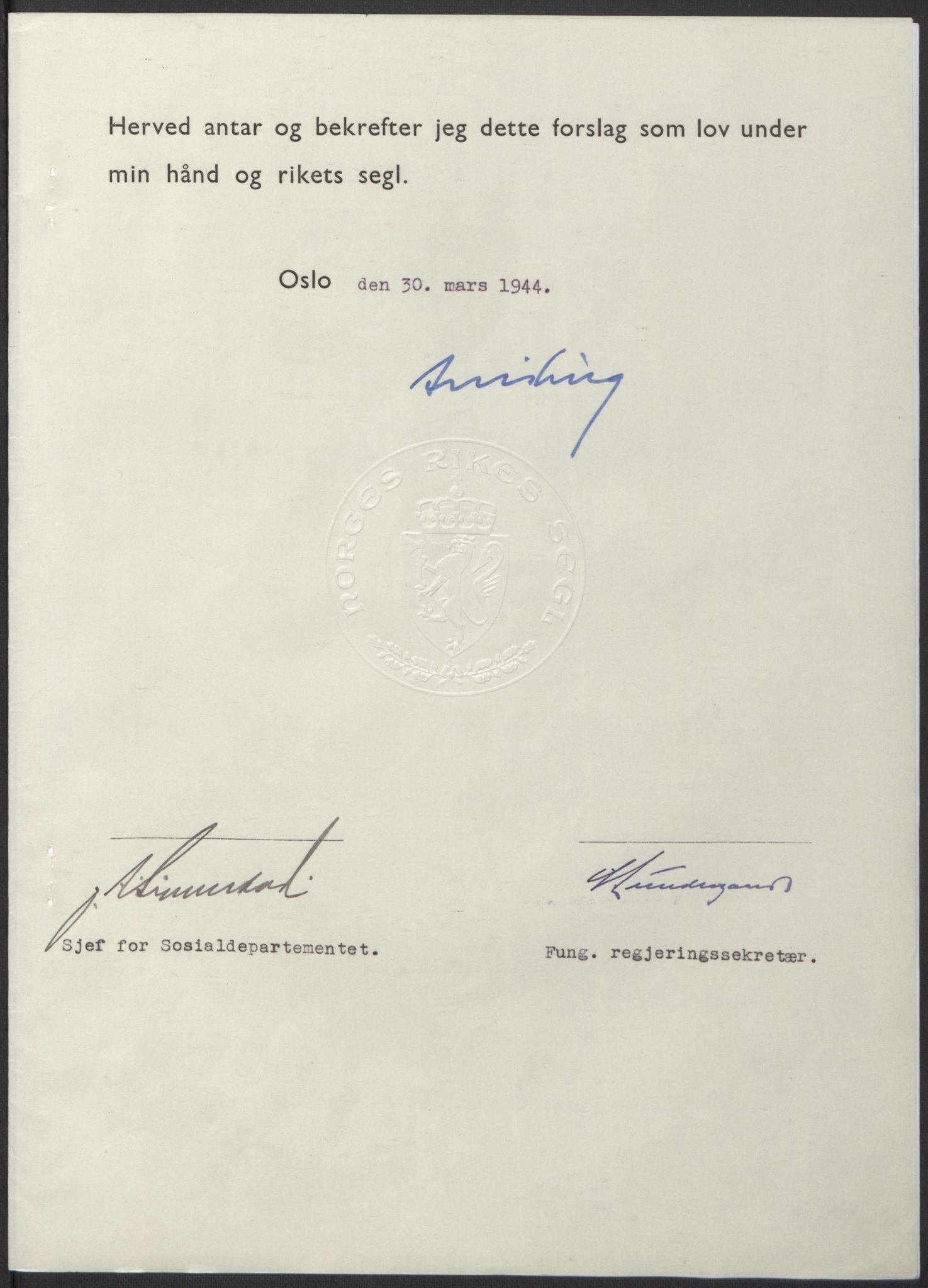 NS-administrasjonen 1940-1945 (Statsrådsekretariatet, de kommisariske statsråder mm), AV/RA-S-4279/D/Db/L0100: Lover, 1944, p. 163