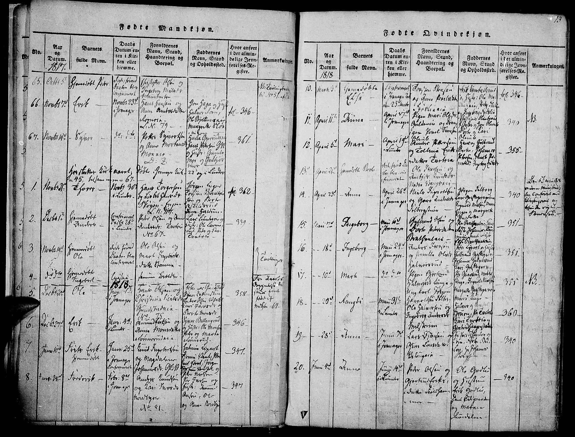 Jevnaker prestekontor, SAH/PREST-116/H/Ha/Haa/L0005: Parish register (official) no. 5, 1815-1837, p. 13