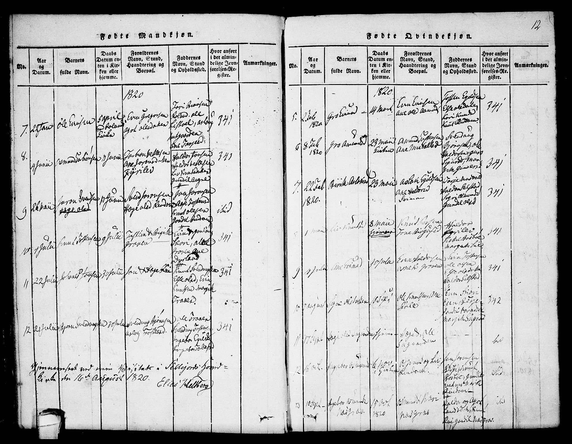 Seljord kirkebøker, SAKO/A-20/F/Fc/L0001: Parish register (official) no. III 1, 1815-1831, p. 12