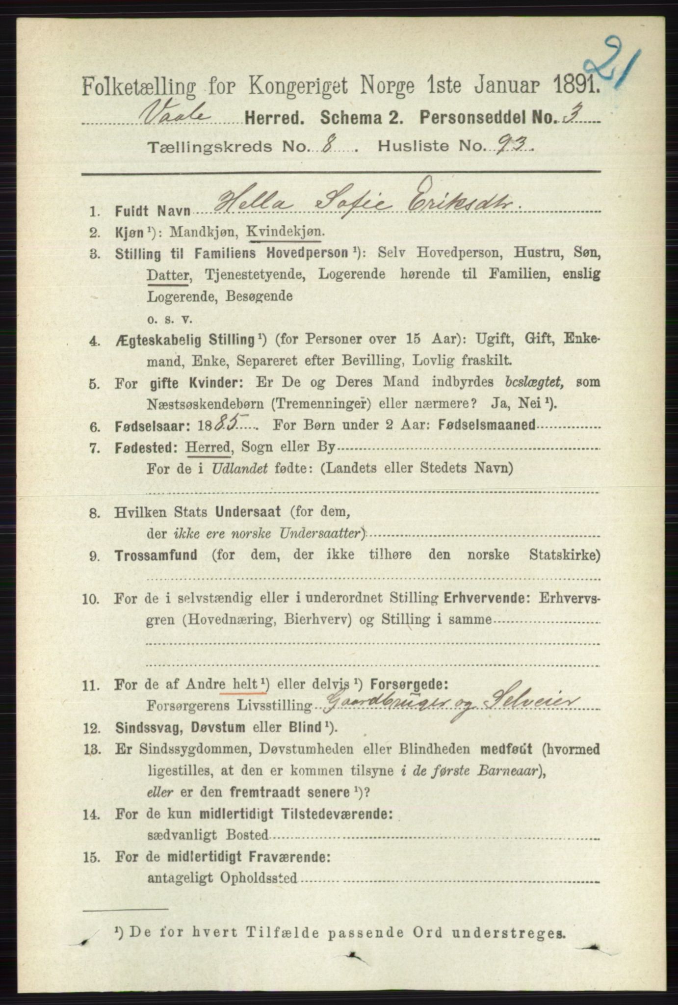 RA, 1891 census for 0716 Våle, 1891, p. 3364