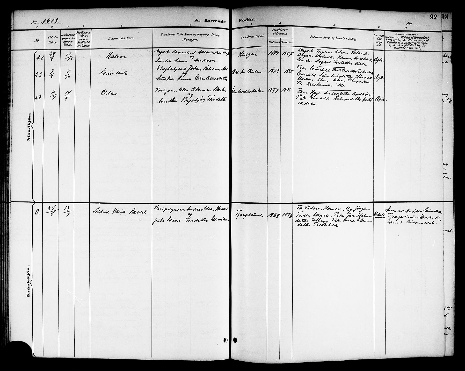 Kviteseid kirkebøker, SAKO/A-276/G/Ga/L0002: Parish register (copy) no. I 2, 1893-1918, p. 92
