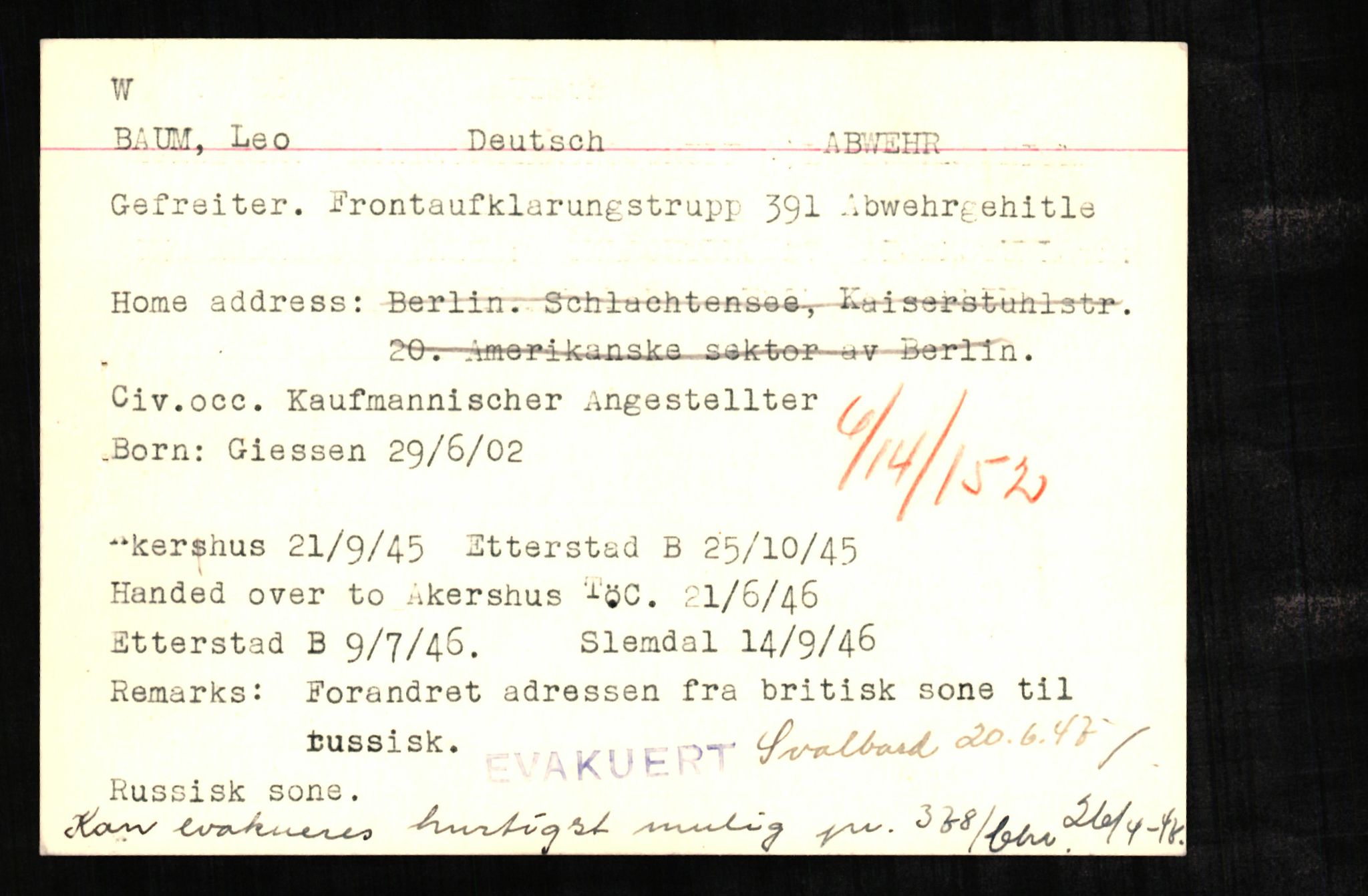 Forsvaret, Forsvarets overkommando II, AV/RA-RAFA-3915/D/Db/L0002: CI Questionaires. Tyske okkupasjonsstyrker i Norge. Tyskere., 1945-1946, p. 274