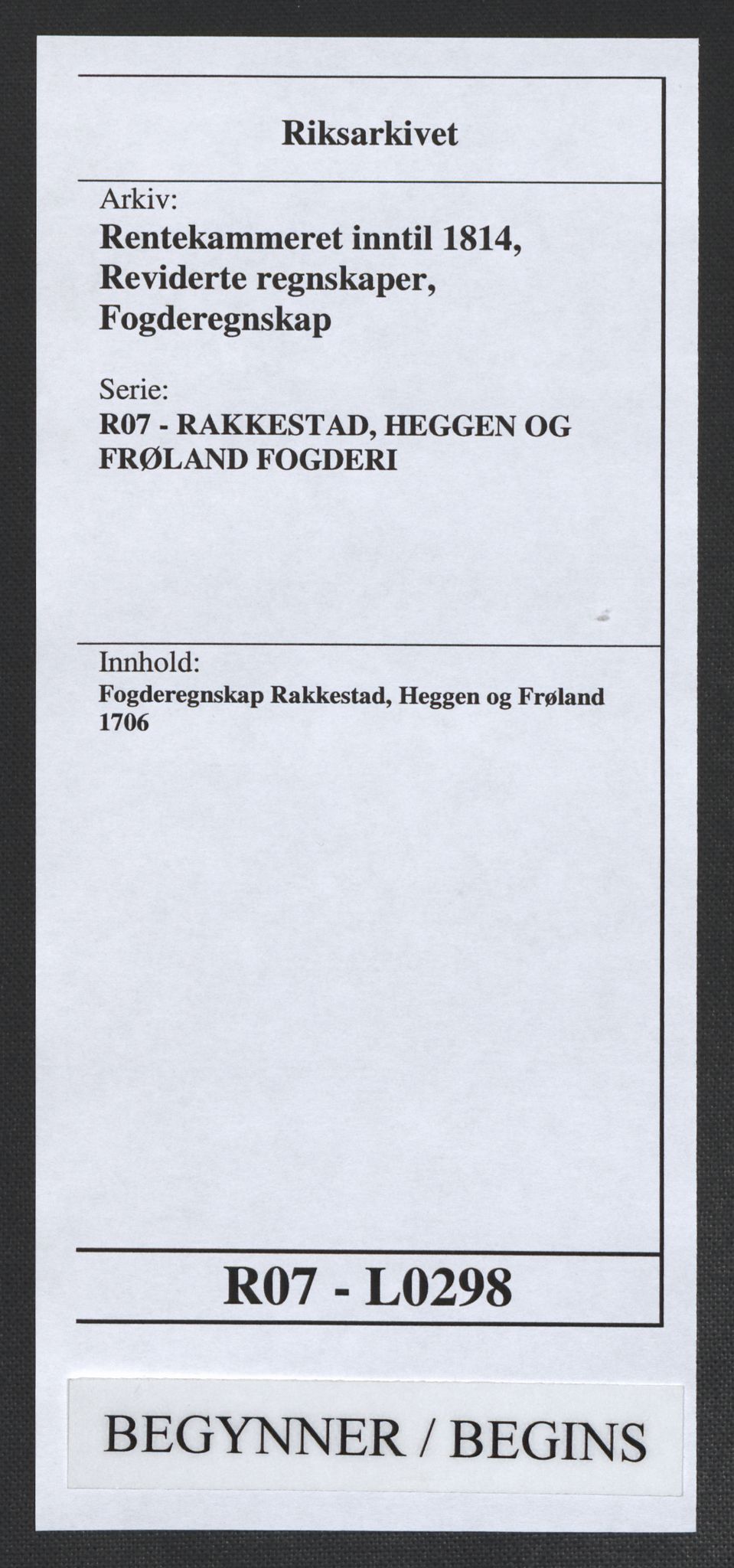 Rentekammeret inntil 1814, Reviderte regnskaper, Fogderegnskap, AV/RA-EA-4092/R07/L0298: Fogderegnskap Rakkestad, Heggen og Frøland, 1706, p. 1