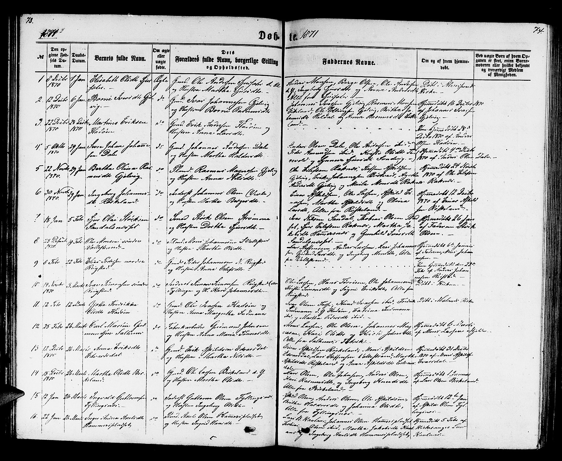 Hamre sokneprestembete, SAB/A-75501/H/Ha/Hab: Parish register (copy) no. B 2, 1863-1880, p. 73-74