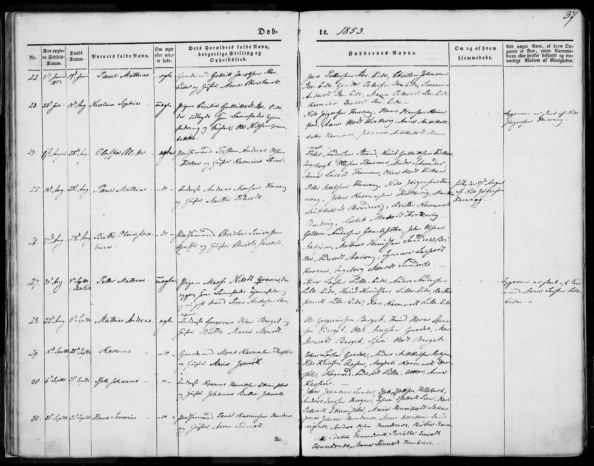 Ministerialprotokoller, klokkerbøker og fødselsregistre - Møre og Romsdal, SAT/A-1454/501/L0006: Parish register (official) no. 501A06, 1844-1868, p. 37