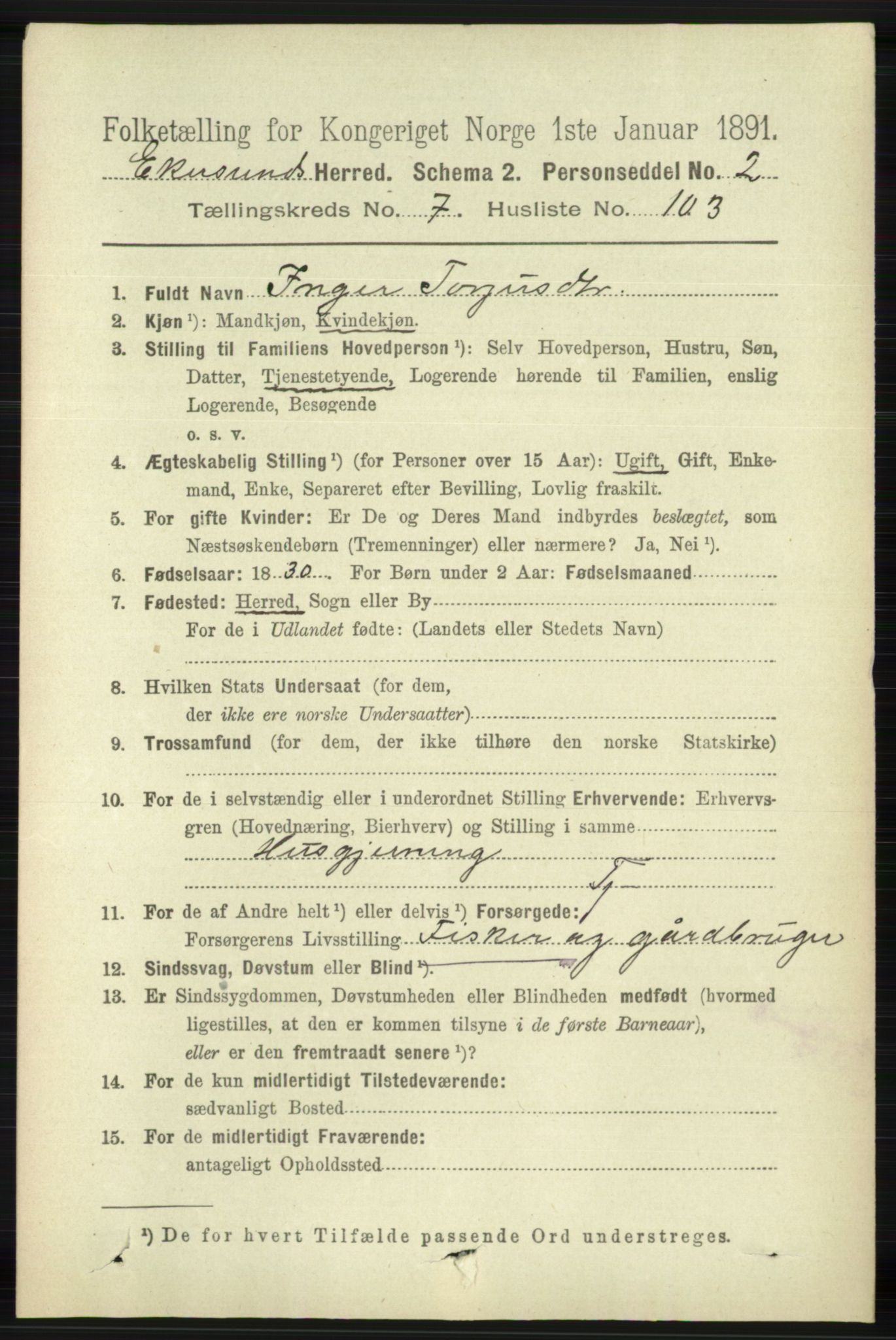 RA, 1891 census for 1116 Eigersund herred, 1891, p. 3420