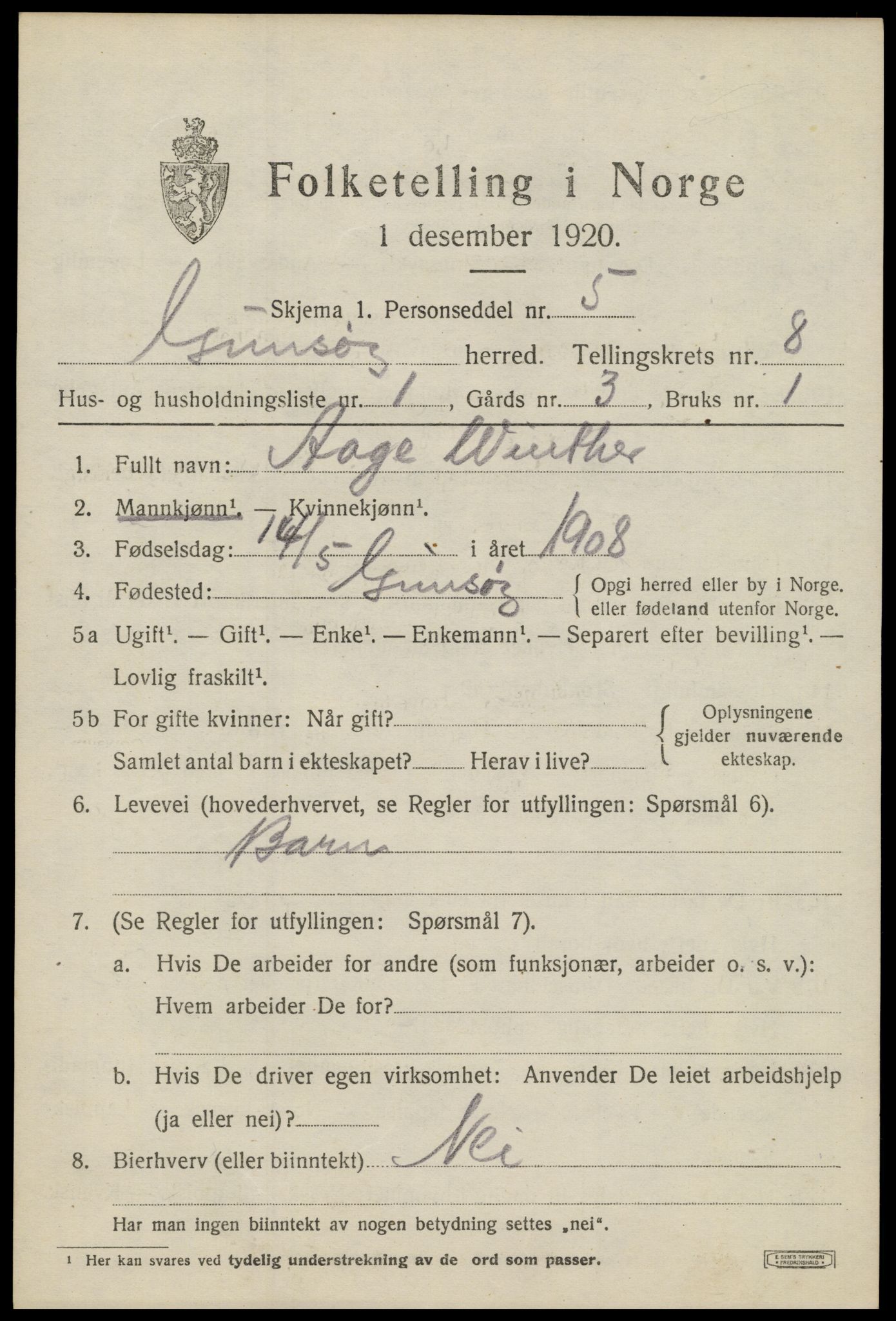 SAT, 1920 census for Gimsøy, 1920, p. 3215