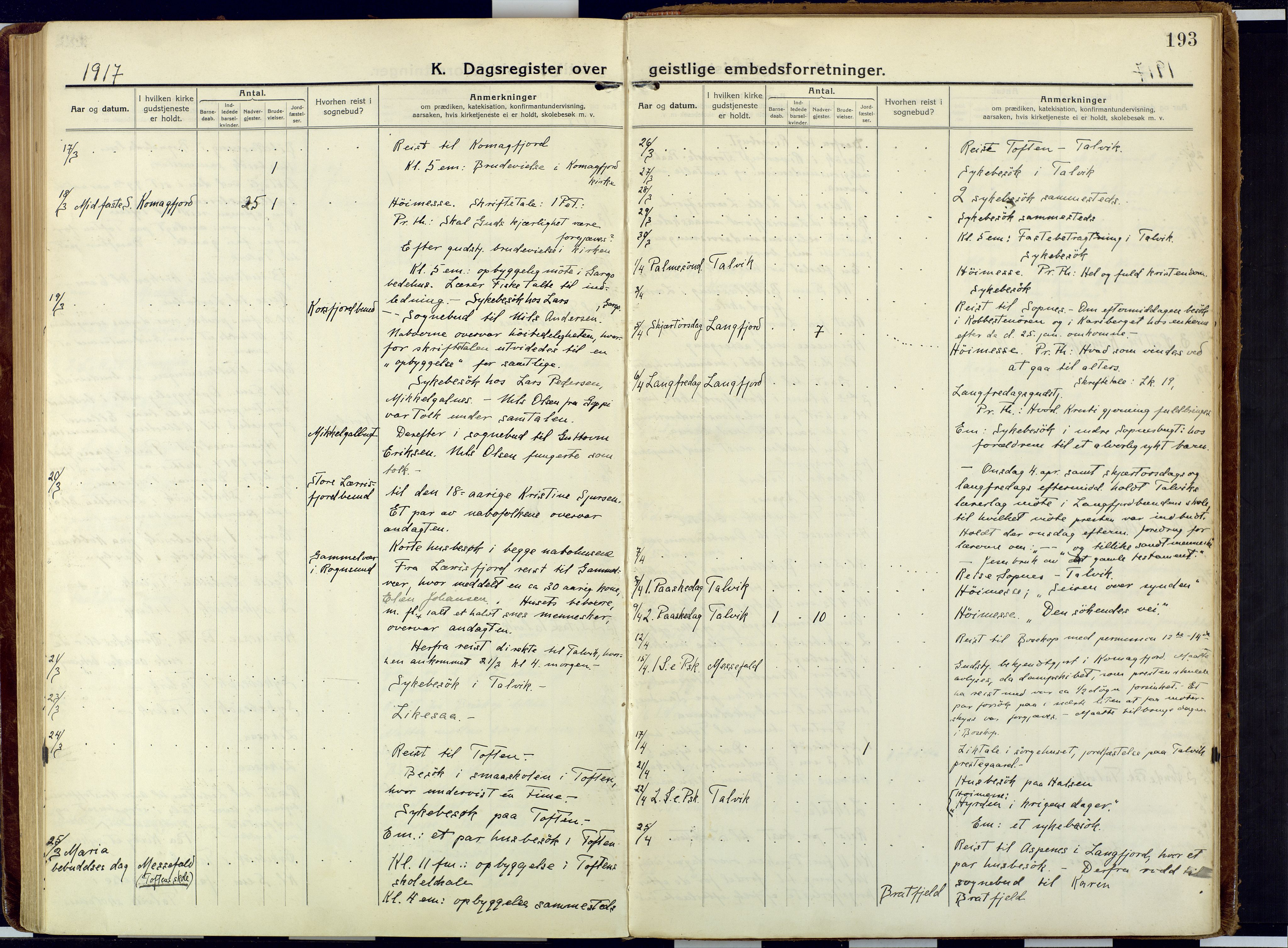 Talvik sokneprestkontor, SATØ/S-1337/H/Ha/L0018kirke: Parish register (official) no. 18, 1915-1924, p. 193