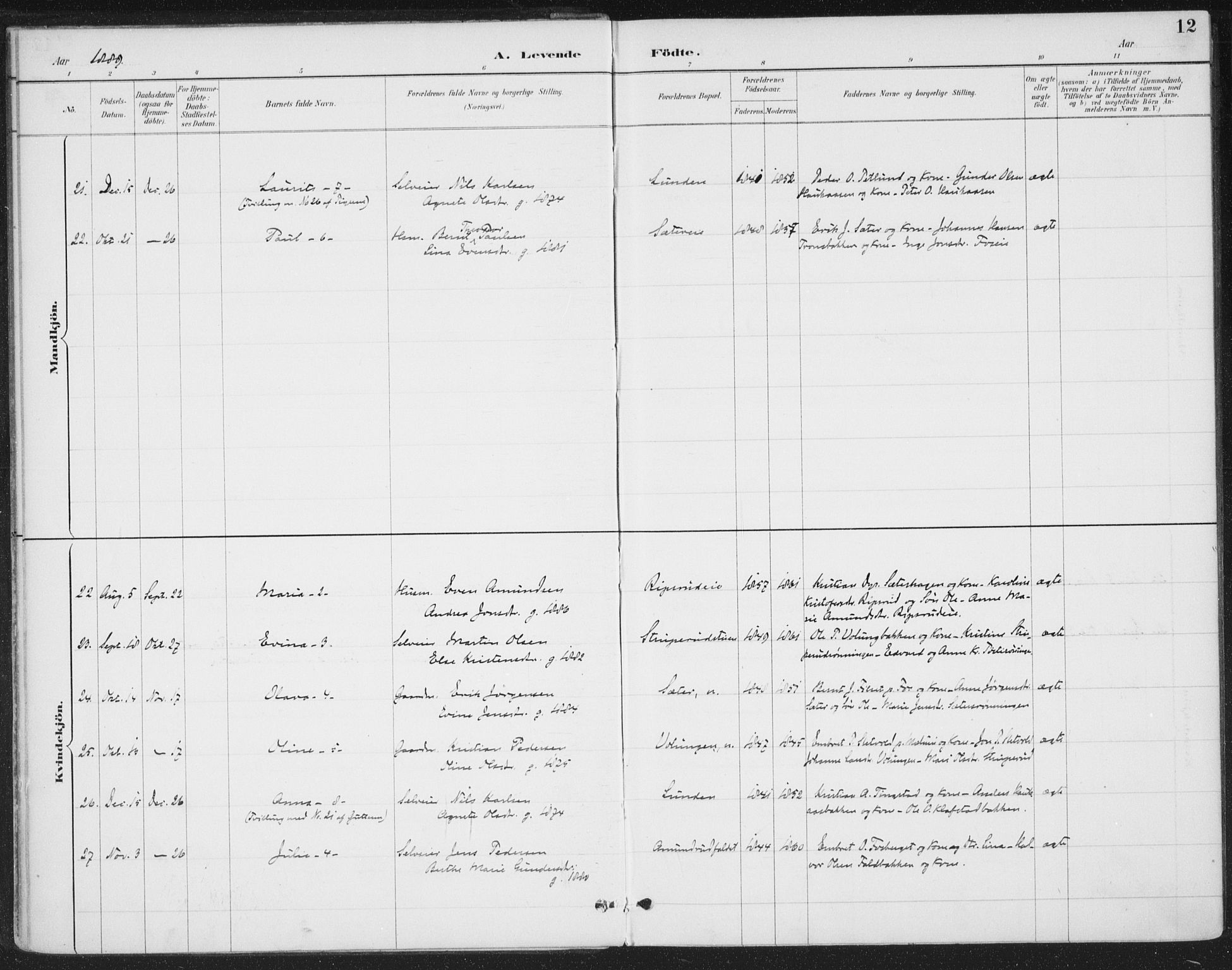 Romedal prestekontor, SAH/PREST-004/K/L0008: Parish register (official) no. 8, 1887-1905, p. 12