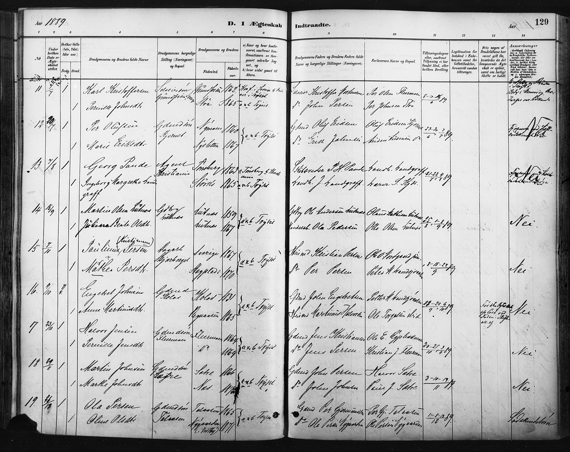 Trysil prestekontor, AV/SAH-PREST-046/H/Ha/Haa/L0009: Parish register (official) no. 9, 1881-1897, p. 129