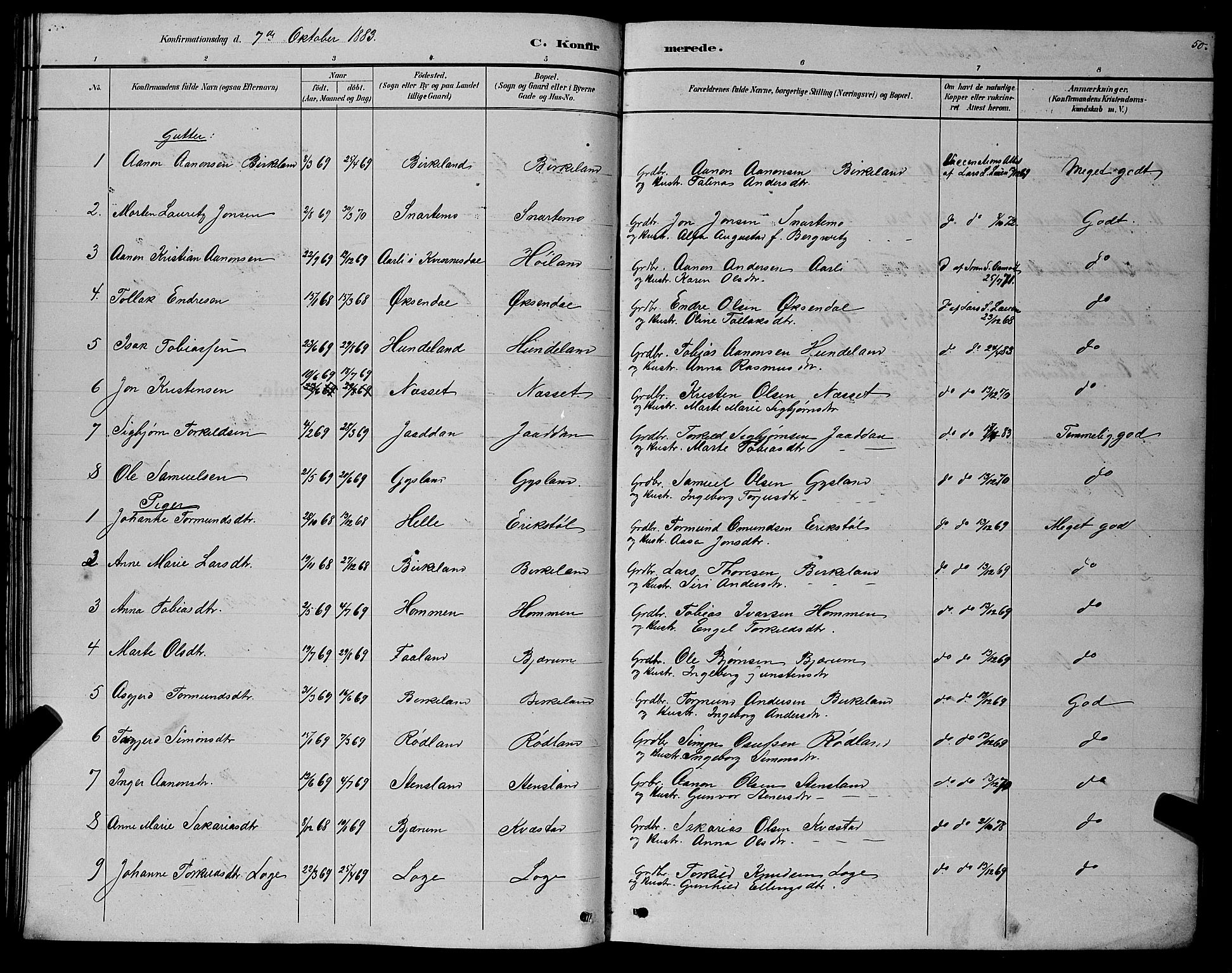 Hægebostad sokneprestkontor, SAK/1111-0024/F/Fb/Fba/L0003: Parish register (copy) no. B 3, 1883-1896, p. 50