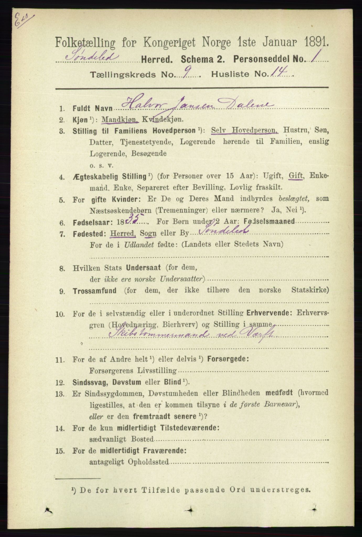 RA, Census 1891 for Nedenes amt: Gjenparter av personsedler for beslektede ektefeller, menn, 1891, p. 149