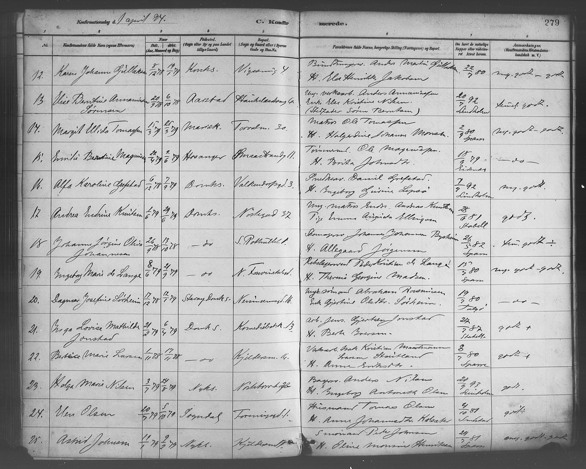 Domkirken sokneprestembete, AV/SAB-A-74801/H/Haa/L0030: Parish register (official) no. C 5, 1880-1898, p. 279