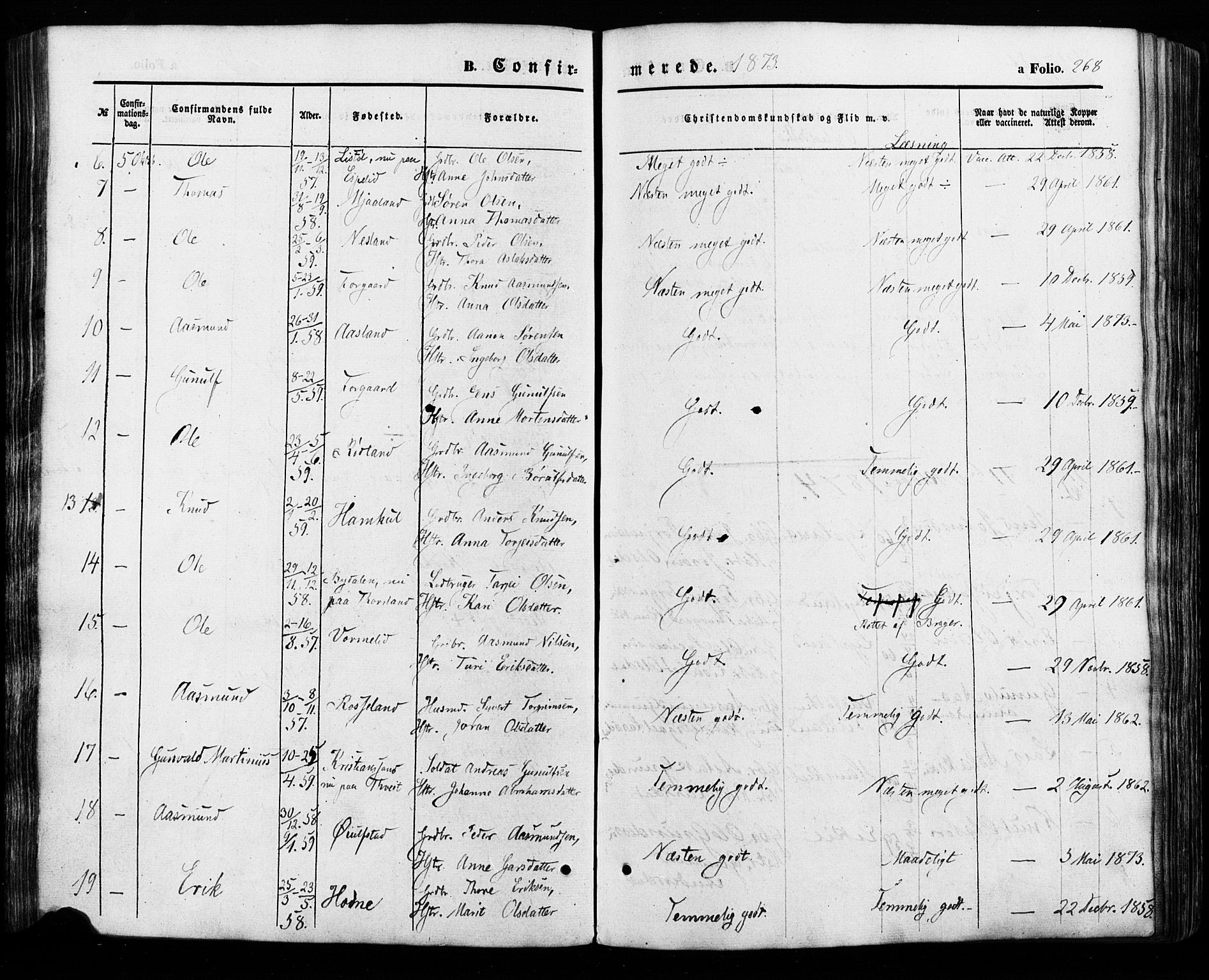 Åseral sokneprestkontor, SAK/1111-0051/F/Fa/L0002: Parish register (official) no. A 2, 1854-1884, p. 268
