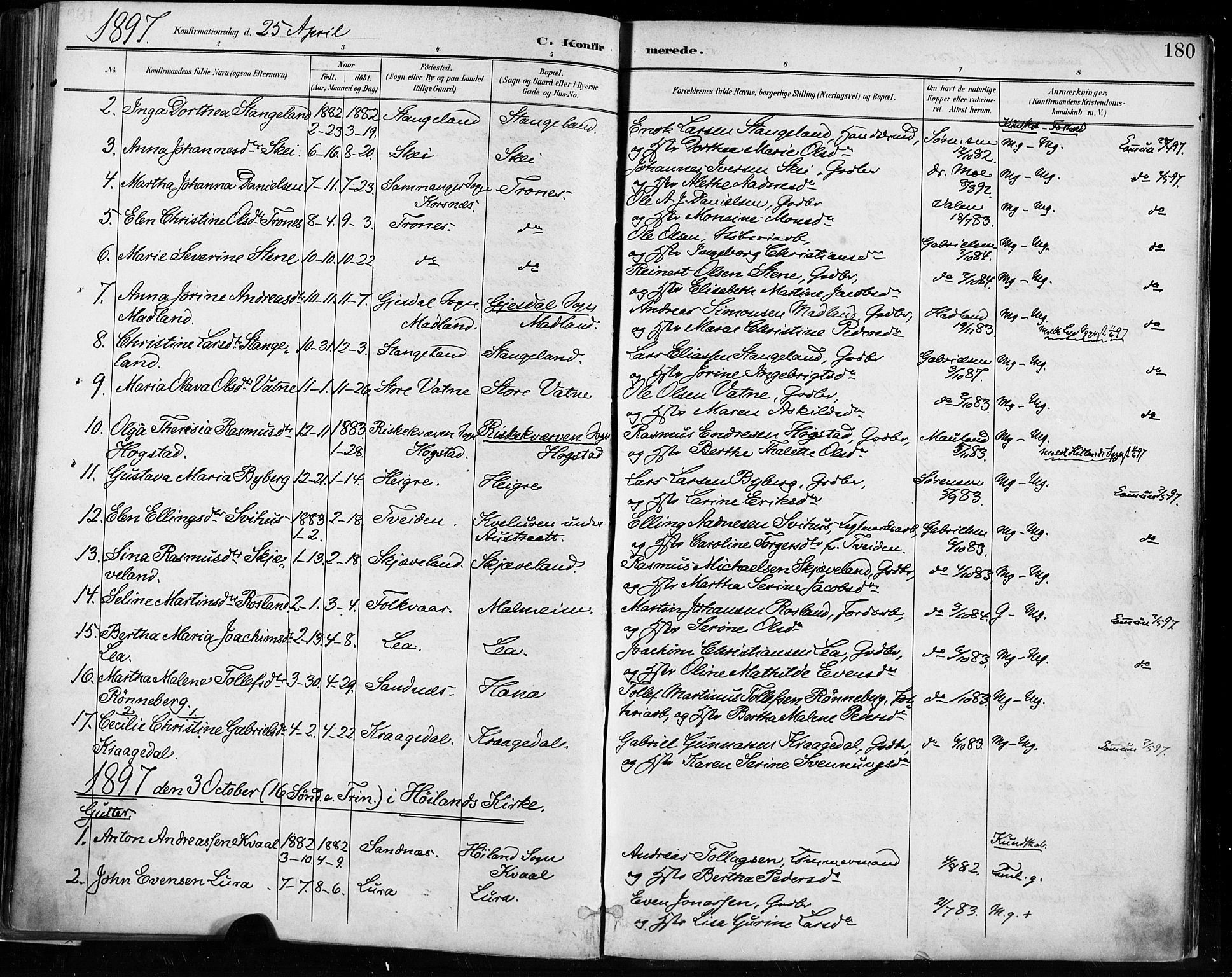 Høyland sokneprestkontor, AV/SAST-A-101799/001/30BA/L0013: Parish register (official) no. A 13.1, 1889-1898, p. 180