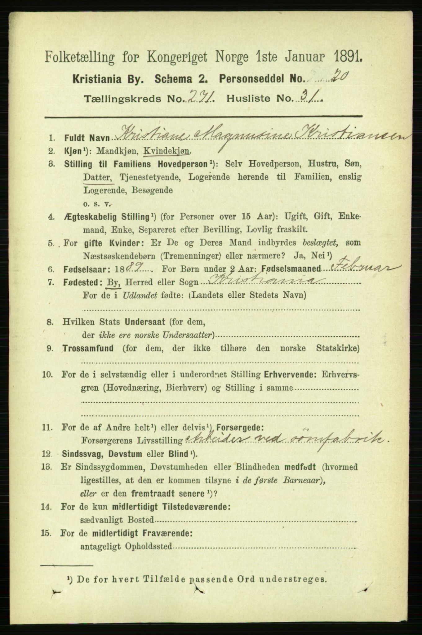 RA, 1891 census for 0301 Kristiania, 1891, p. 165107