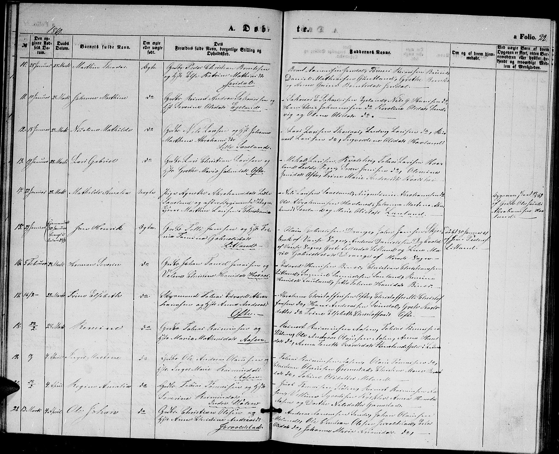 Herad sokneprestkontor, AV/SAK-1111-0018/F/Fb/Fba/L0003: Parish register (copy) no. B 3, 1863-1883, p. 22