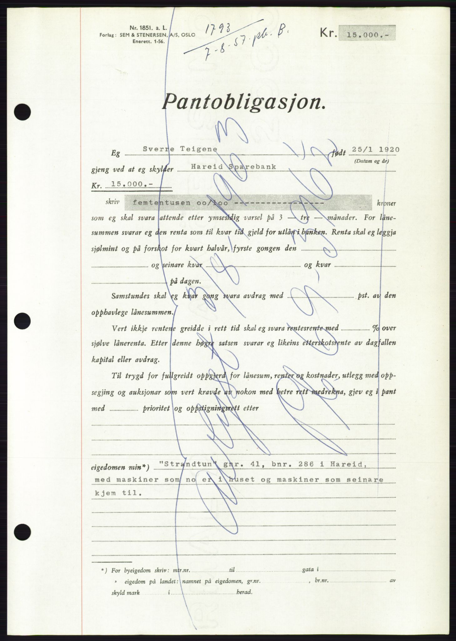 Søre Sunnmøre sorenskriveri, AV/SAT-A-4122/1/2/2C/L0130: Mortgage book no. 18B, 1957-1958, Diary no: : 1793/1957