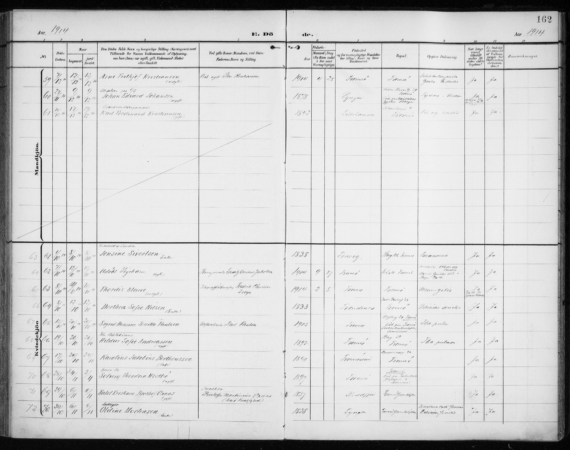 Tromsø sokneprestkontor/stiftsprosti/domprosti, AV/SATØ-S-1343/G/Ga/L0018kirke: Parish register (official) no. 18, 1907-1917, p. 162