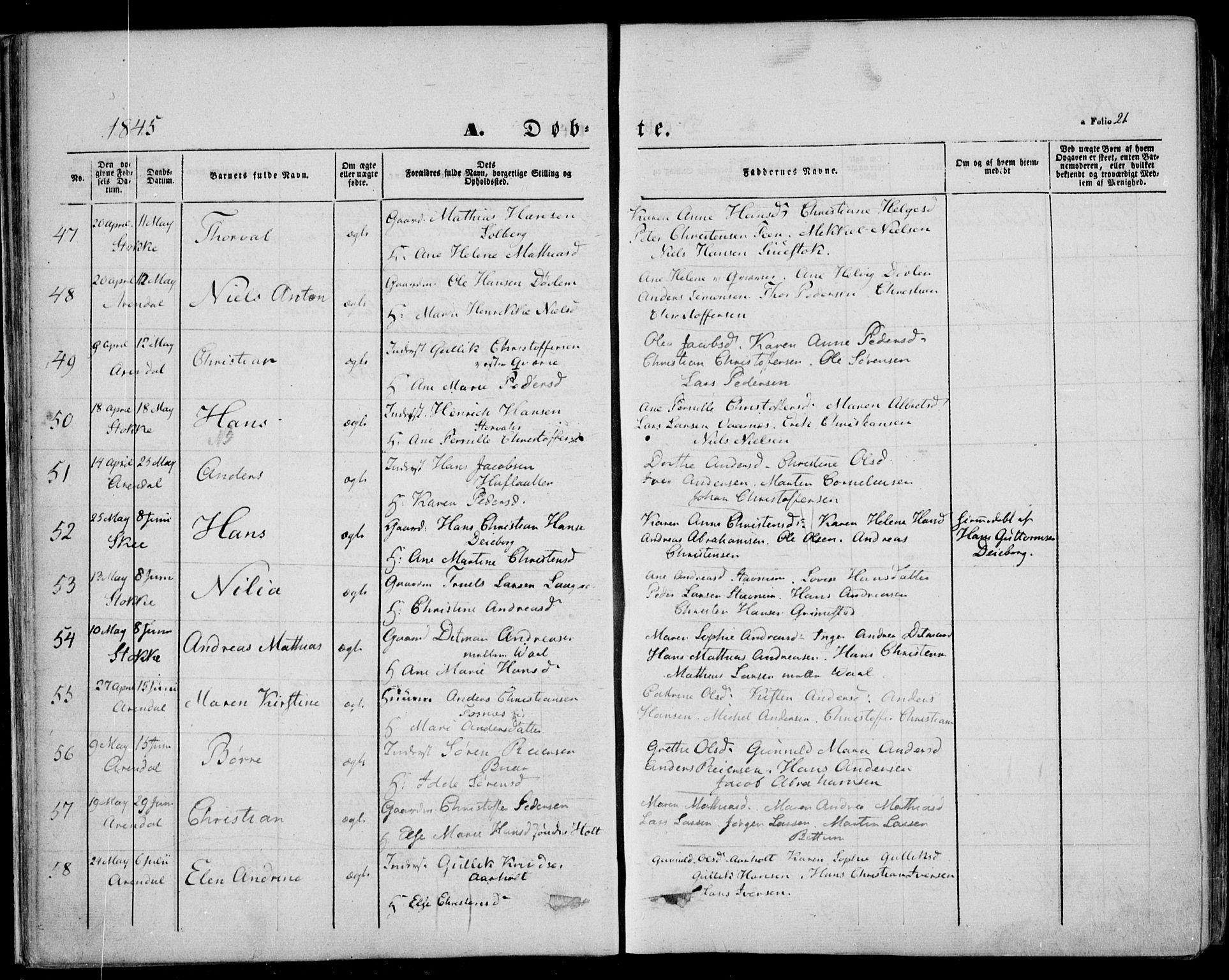 Stokke kirkebøker, AV/SAKO-A-320/F/Fa/L0007: Parish register (official) no. I 7, 1844-1857, p. 21