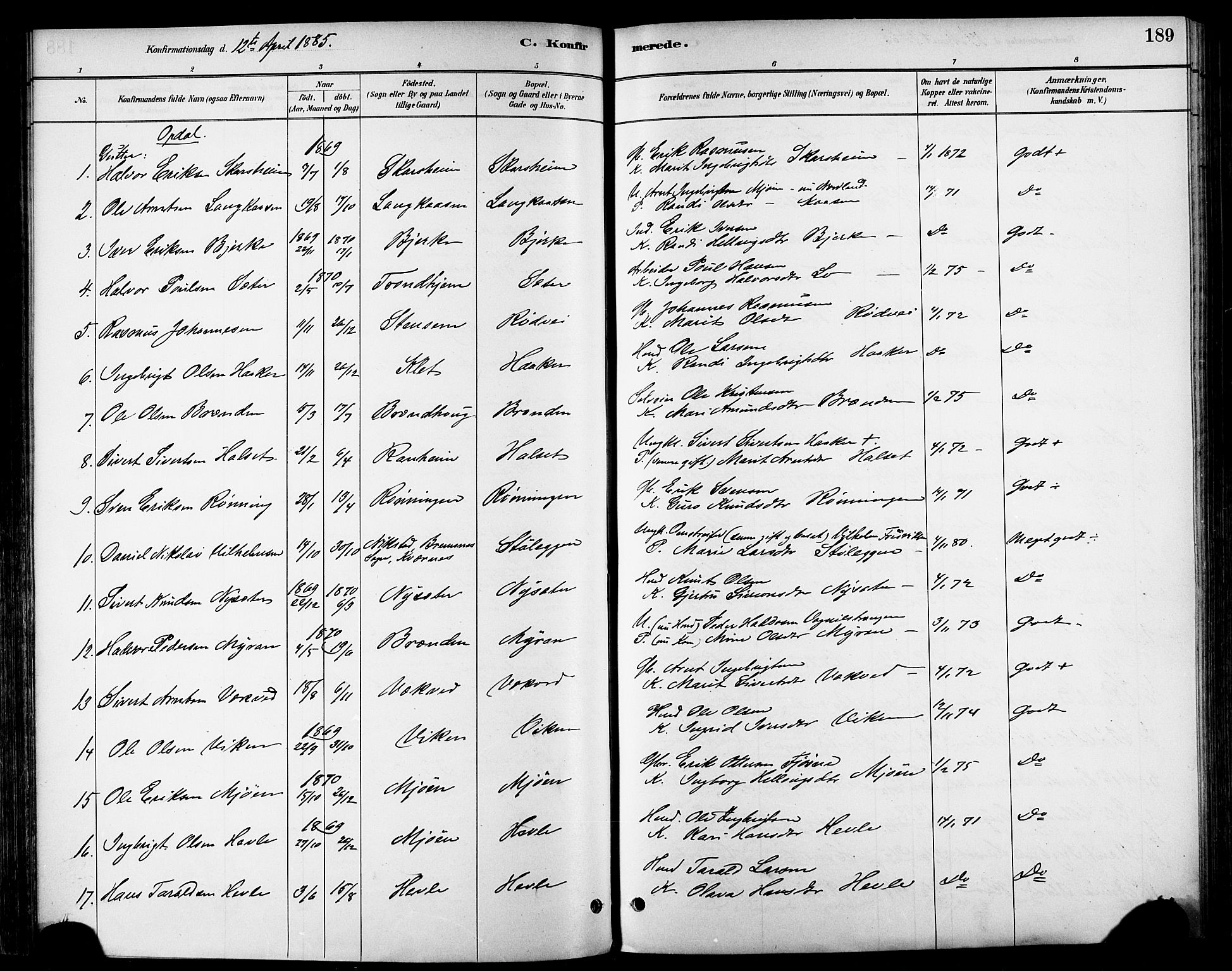 Ministerialprotokoller, klokkerbøker og fødselsregistre - Sør-Trøndelag, SAT/A-1456/678/L0901: Parish register (official) no. 678A10, 1881-1894, p. 189