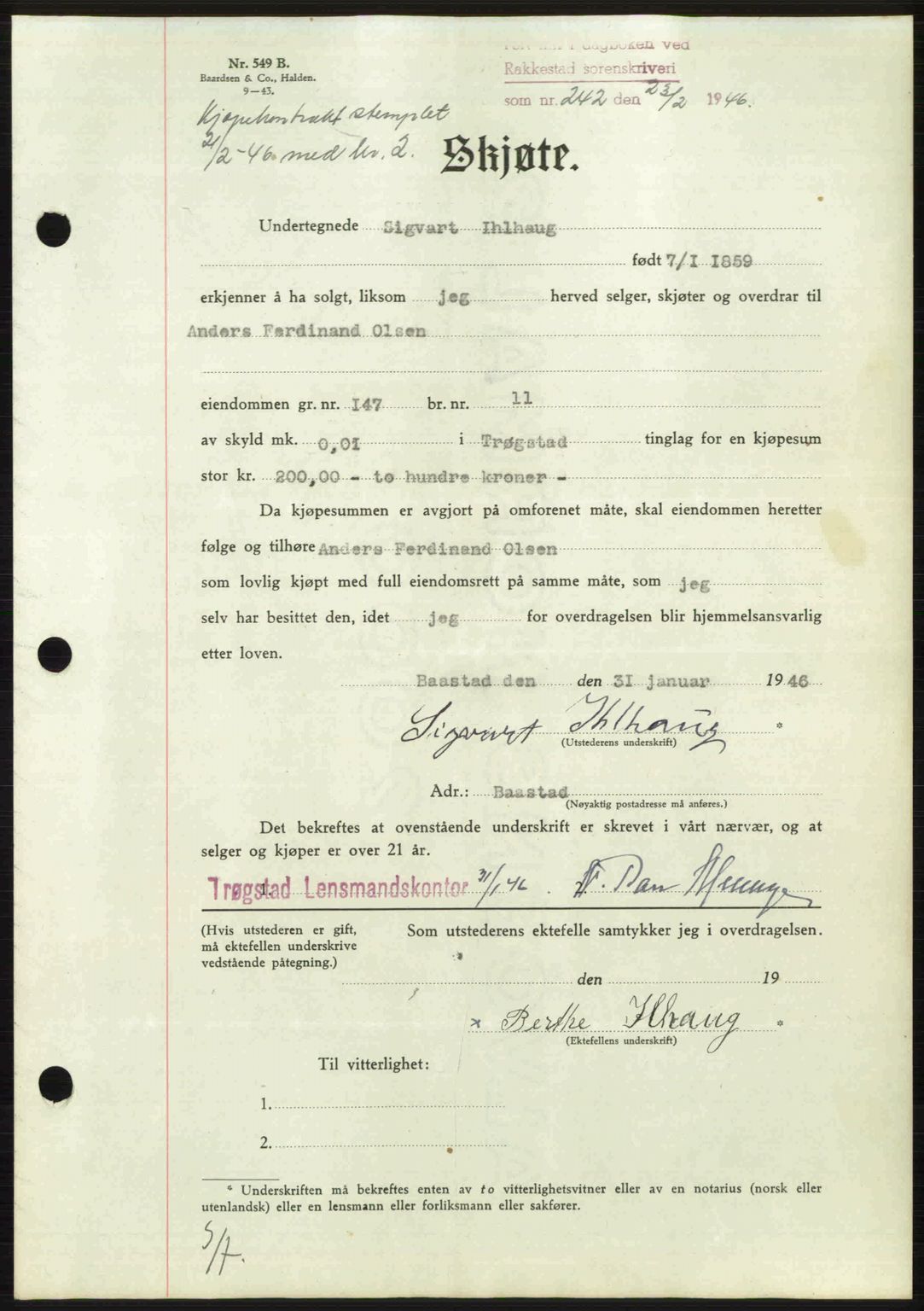Rakkestad sorenskriveri, AV/SAO-A-10686/G/Gb/Gba/Gbab/L0012a: Mortgage book no. A12 I, 1945-1946, Diary no: : 242/1946