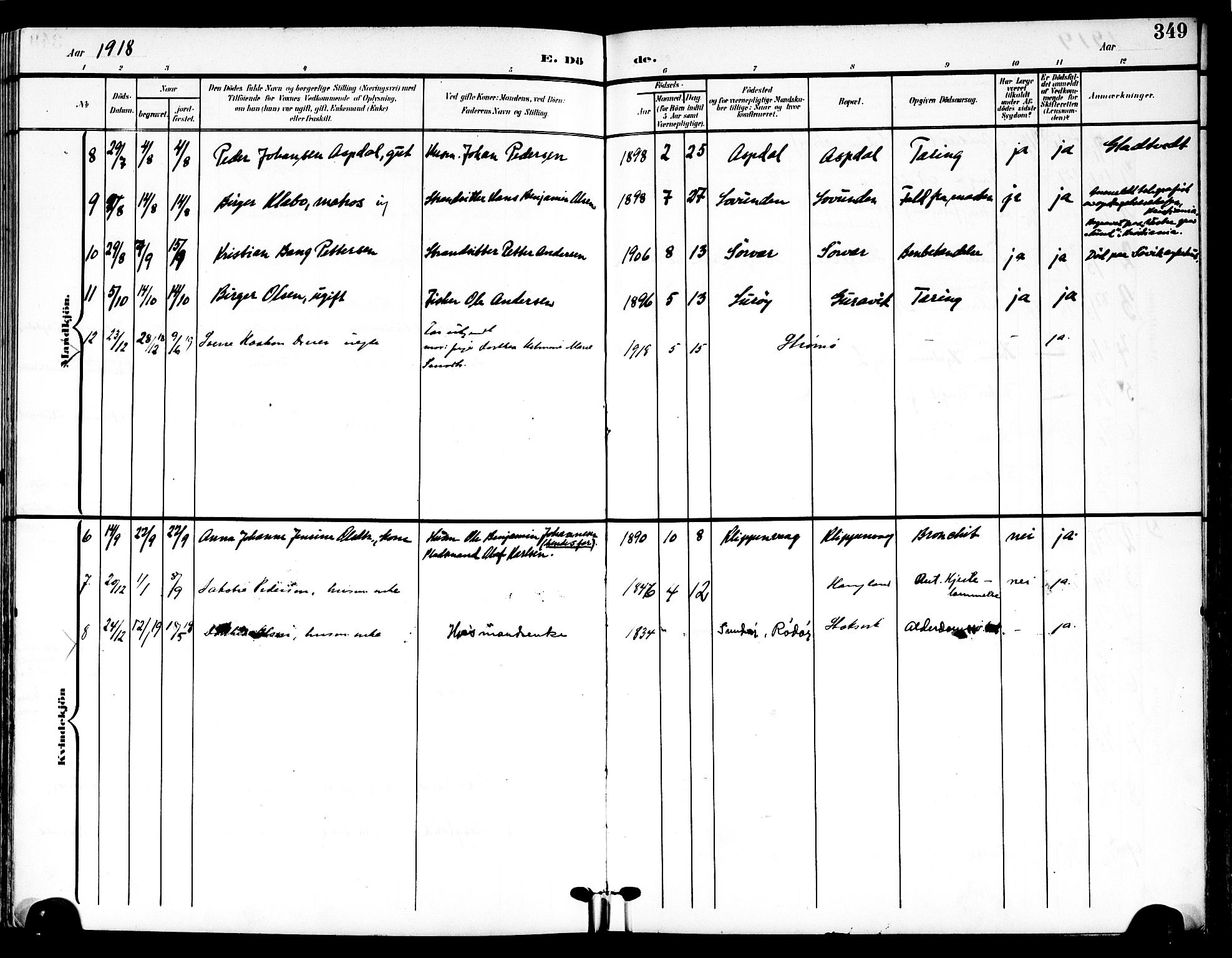 Ministerialprotokoller, klokkerbøker og fødselsregistre - Nordland, AV/SAT-A-1459/839/L0569: Parish register (official) no. 839A06, 1903-1922, p. 349