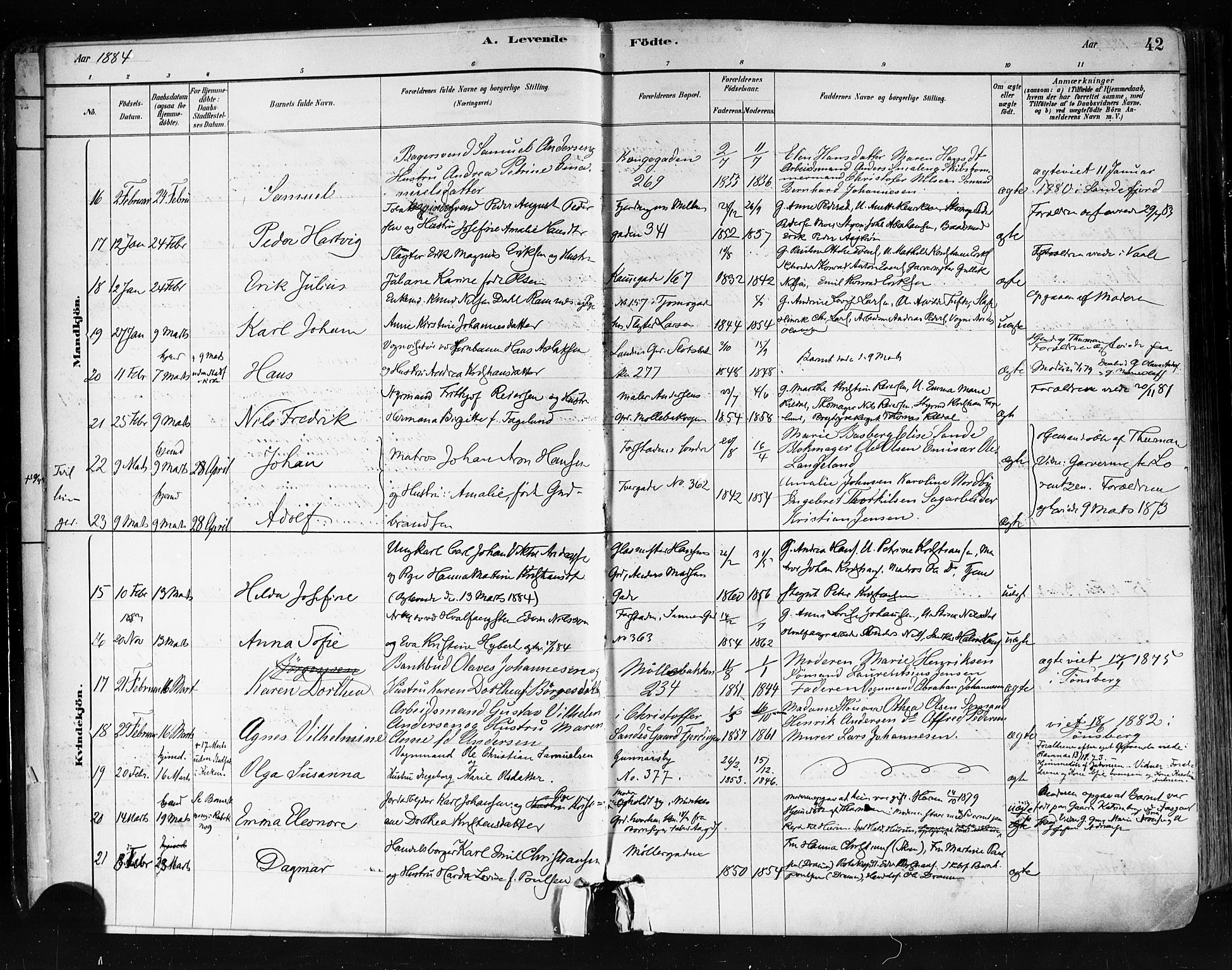 Tønsberg kirkebøker, AV/SAKO-A-330/F/Fa/L0011: Parish register (official) no. I 11, 1881-1890, p. 42