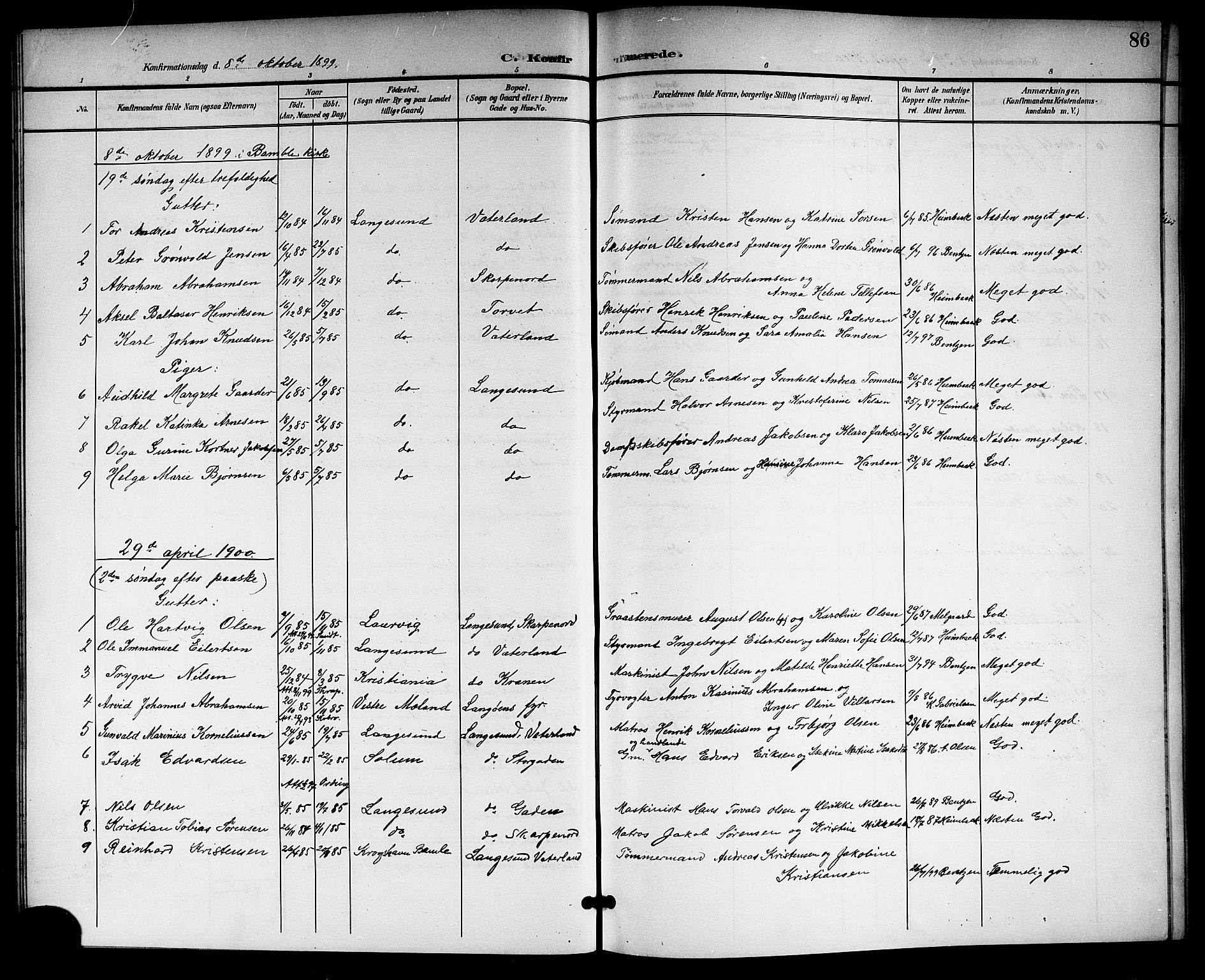 Langesund kirkebøker, SAKO/A-280/G/Ga/L0006: Parish register (copy) no. 6, 1899-1918, p. 86