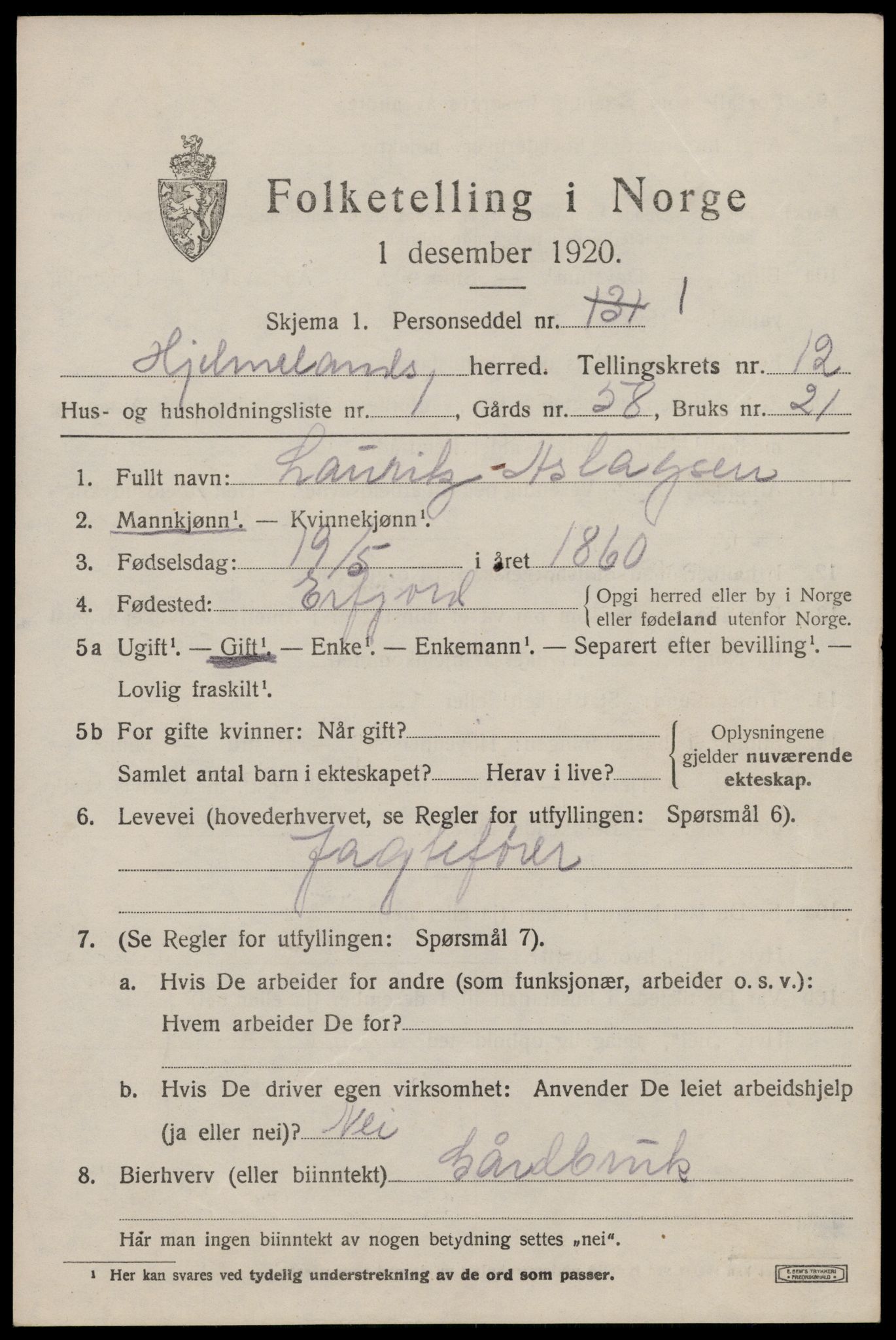 SAST, 1920 census for Hjelmeland, 1920, p. 3631