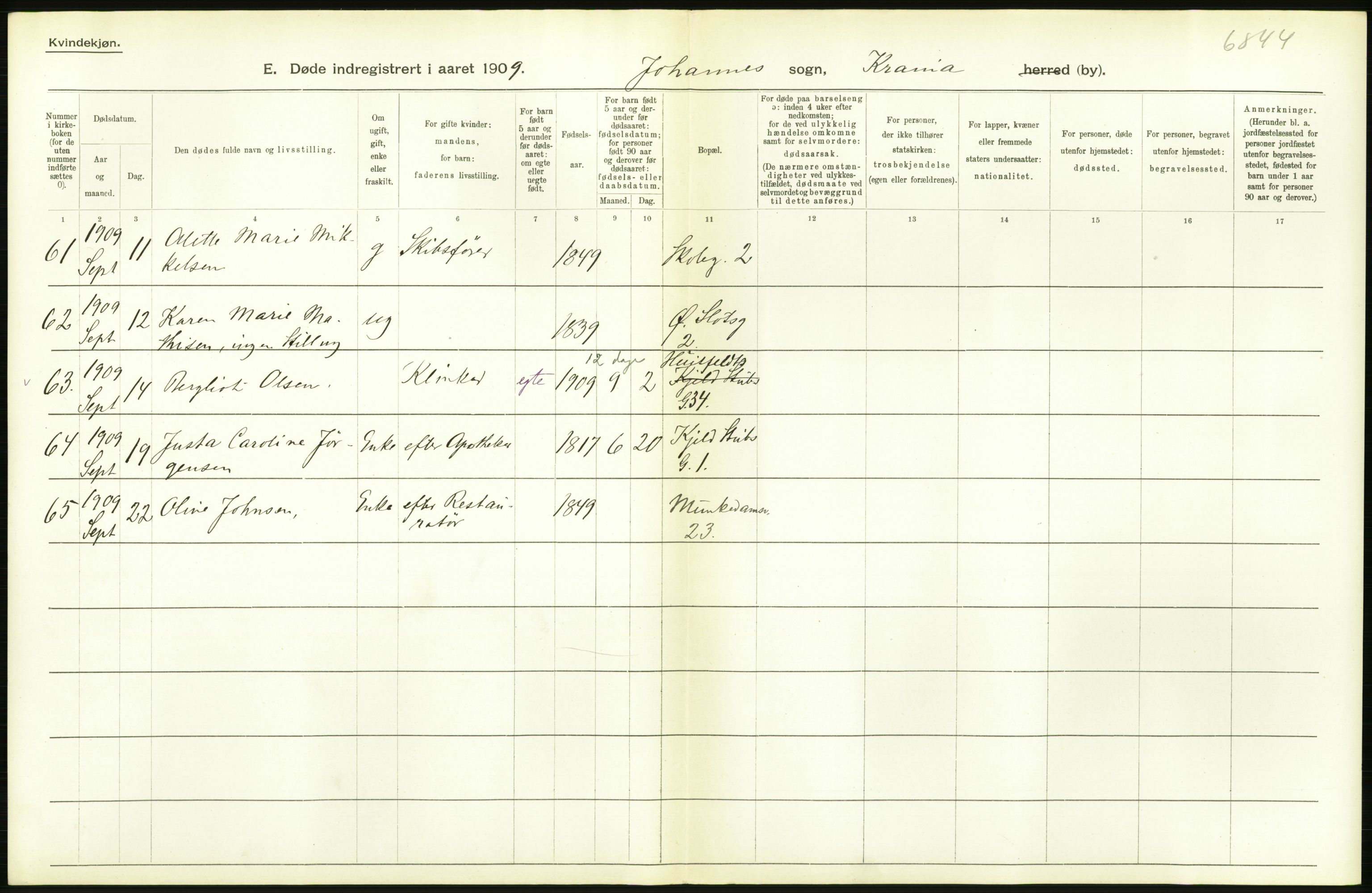 Statistisk sentralbyrå, Sosiodemografiske emner, Befolkning, AV/RA-S-2228/D/Df/Dfa/Dfag/L0010: Kristiania: Døde, dødfødte., 1909, p. 100