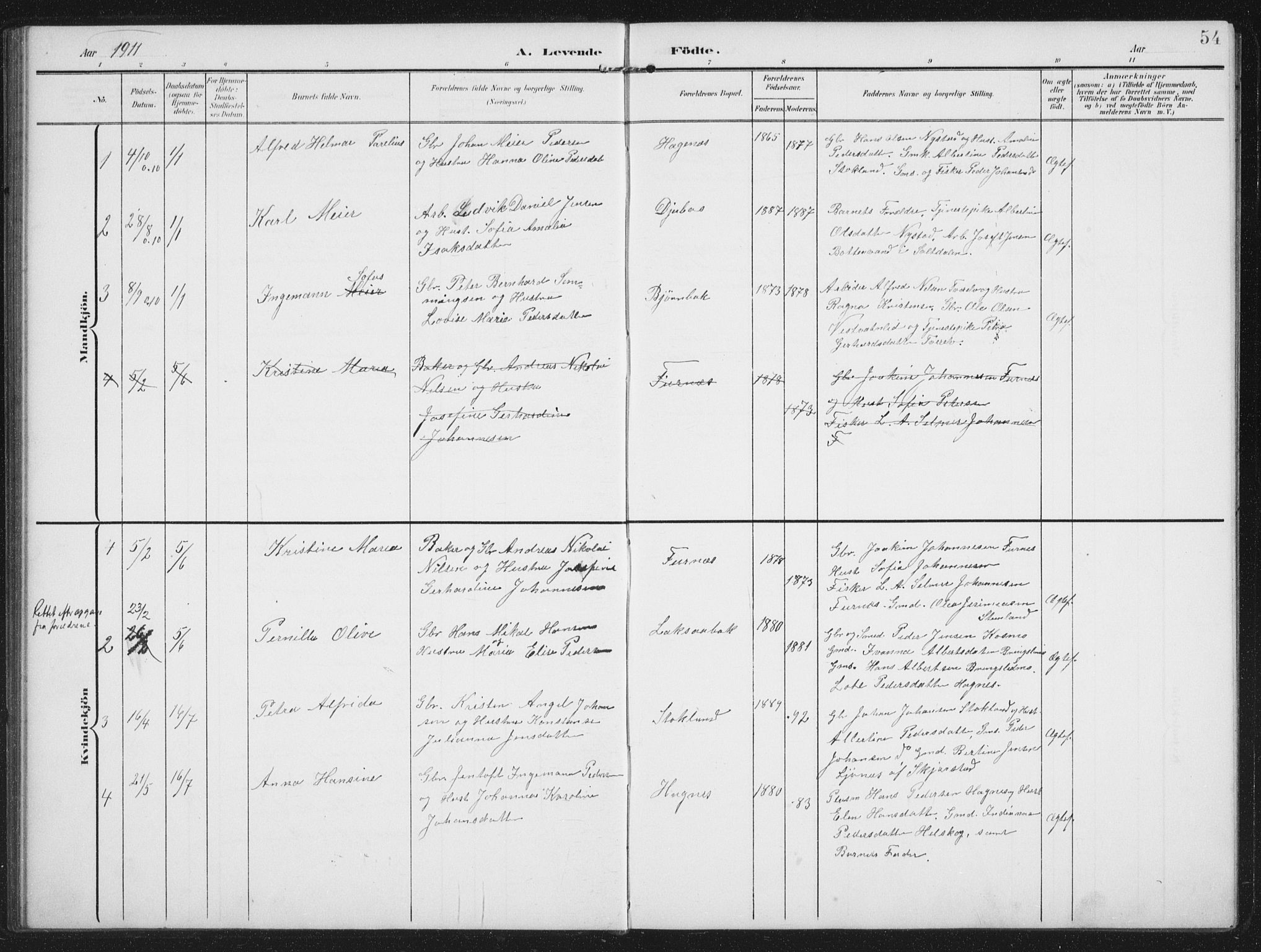 Ministerialprotokoller, klokkerbøker og fødselsregistre - Nordland, AV/SAT-A-1459/851/L0726: Parish register (copy) no. 851C01, 1902-1924, p. 54