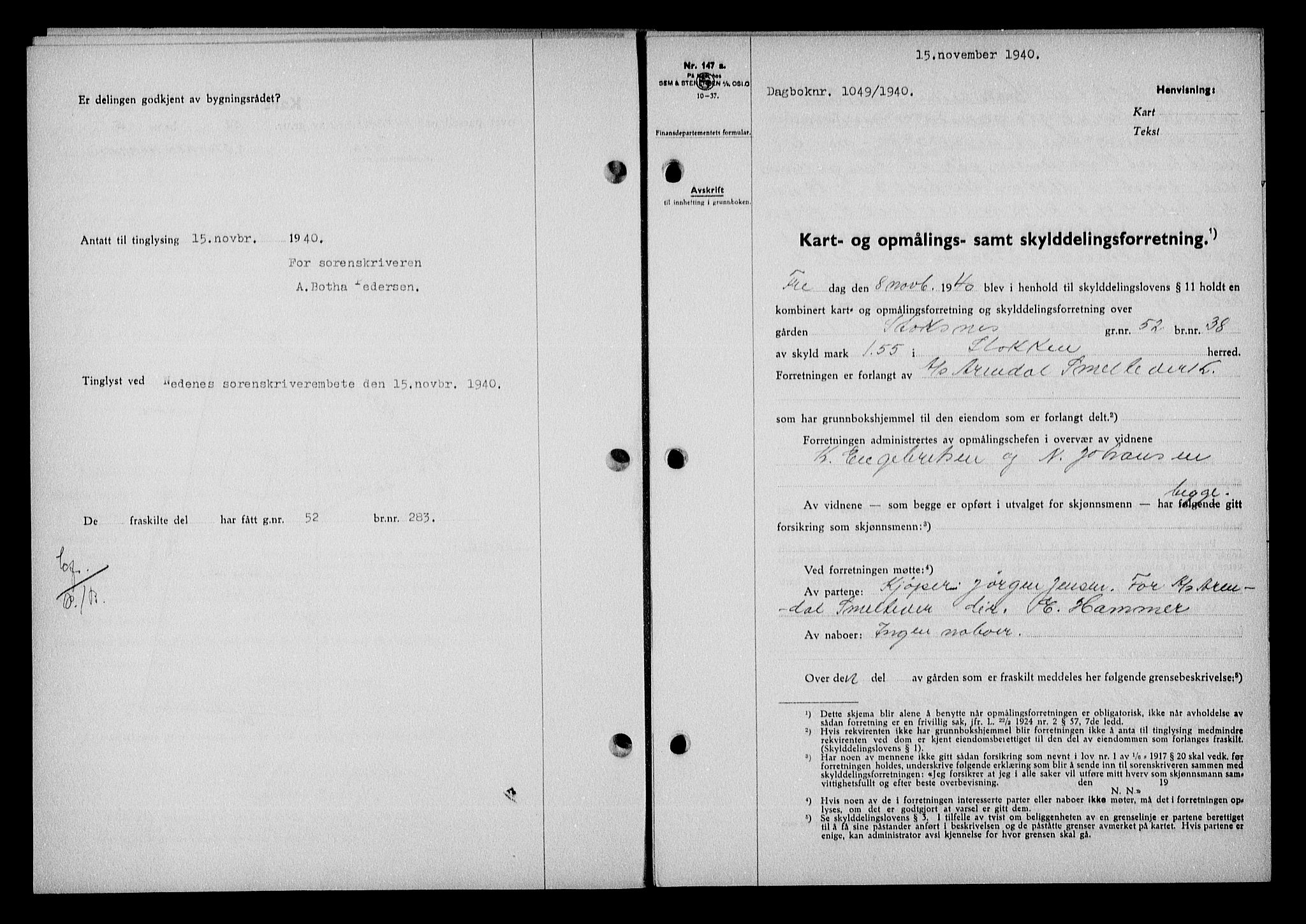 Nedenes sorenskriveri, AV/SAK-1221-0006/G/Gb/Gba/L0048: Mortgage book no. A-II, 1940-1941, Diary no: : 1049/1940