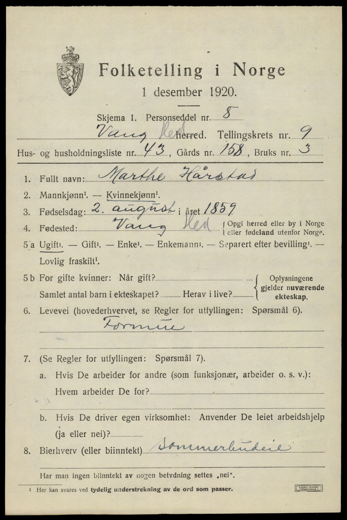 SAH, 1920 census for Vang (Hedmark), 1920, p. 18617