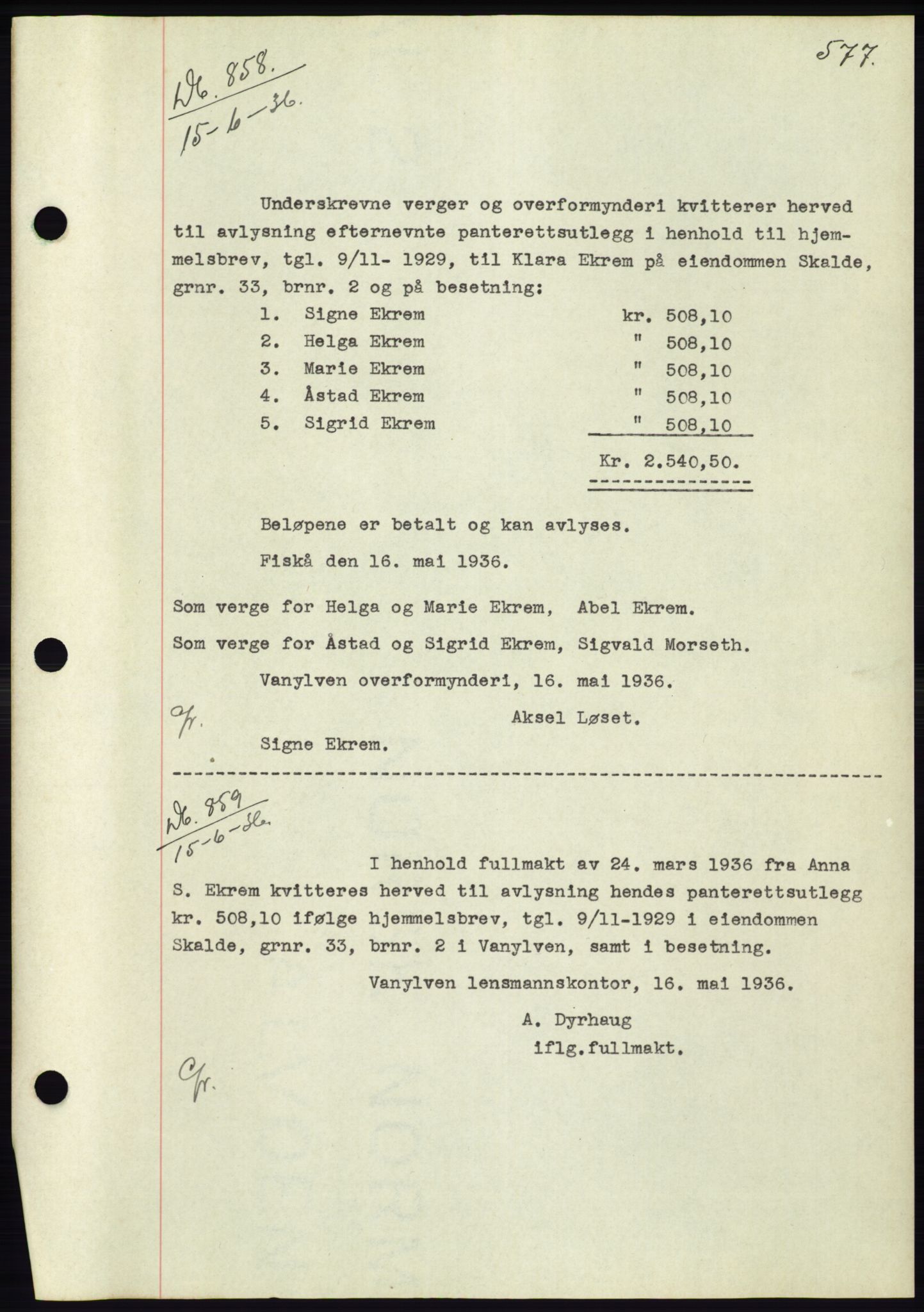 Søre Sunnmøre sorenskriveri, AV/SAT-A-4122/1/2/2C/L0060: Mortgage book no. 54, 1935-1936, Deed date: 15.06.1936