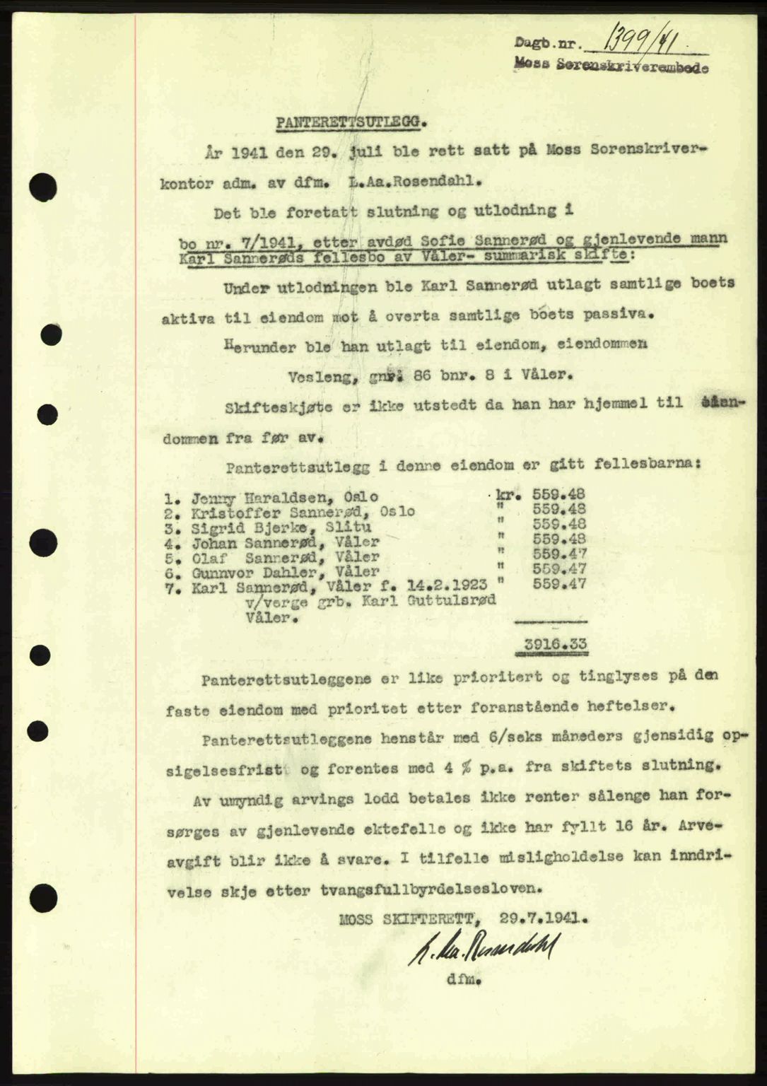 Moss sorenskriveri, AV/SAO-A-10168: Mortgage book no. B11, 1941-1942, Diary no: : 1399/1941