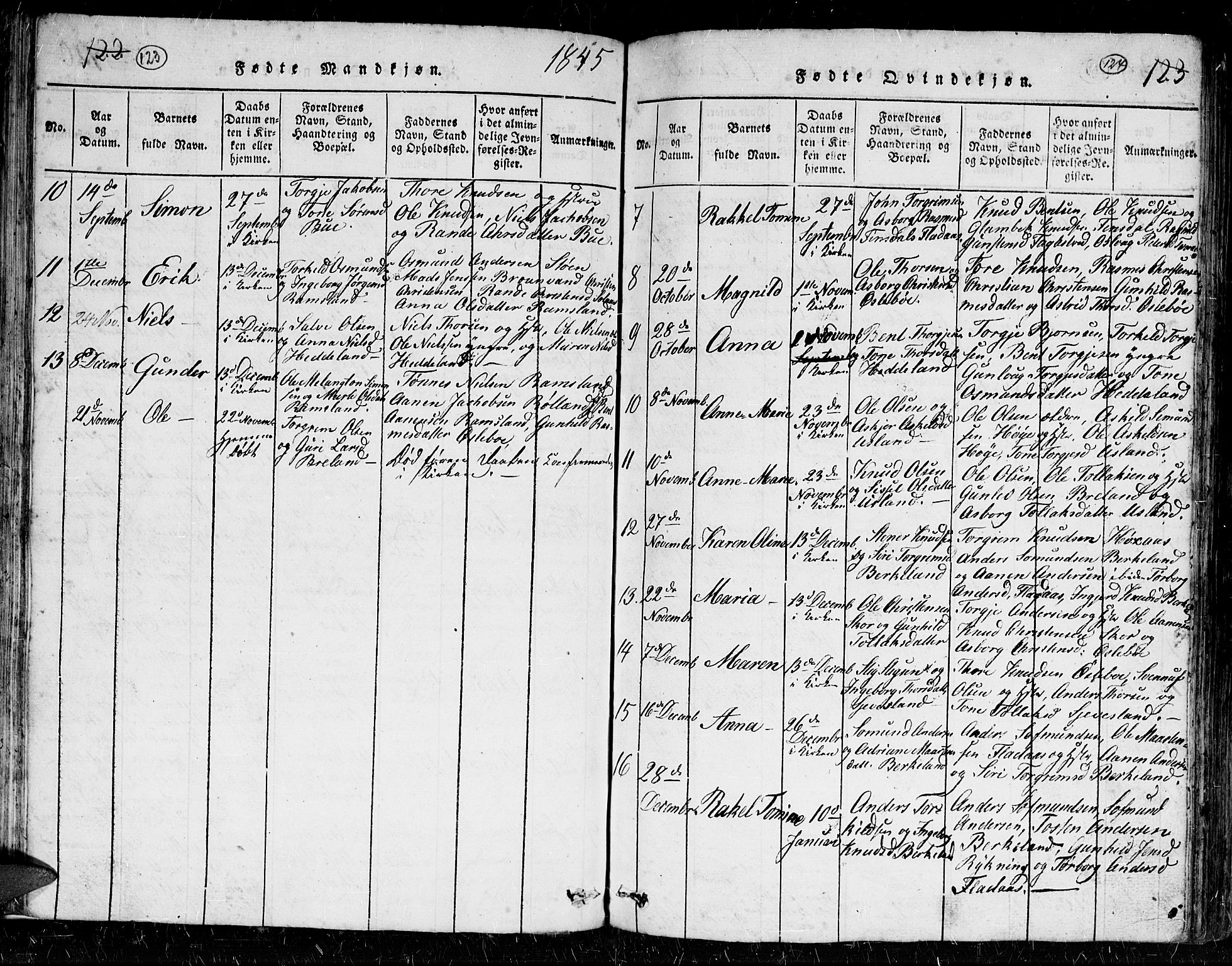 Holum sokneprestkontor, AV/SAK-1111-0022/F/Fb/Fbc/L0001: Parish register (copy) no. B 1, 1820-1859, p. 123-124