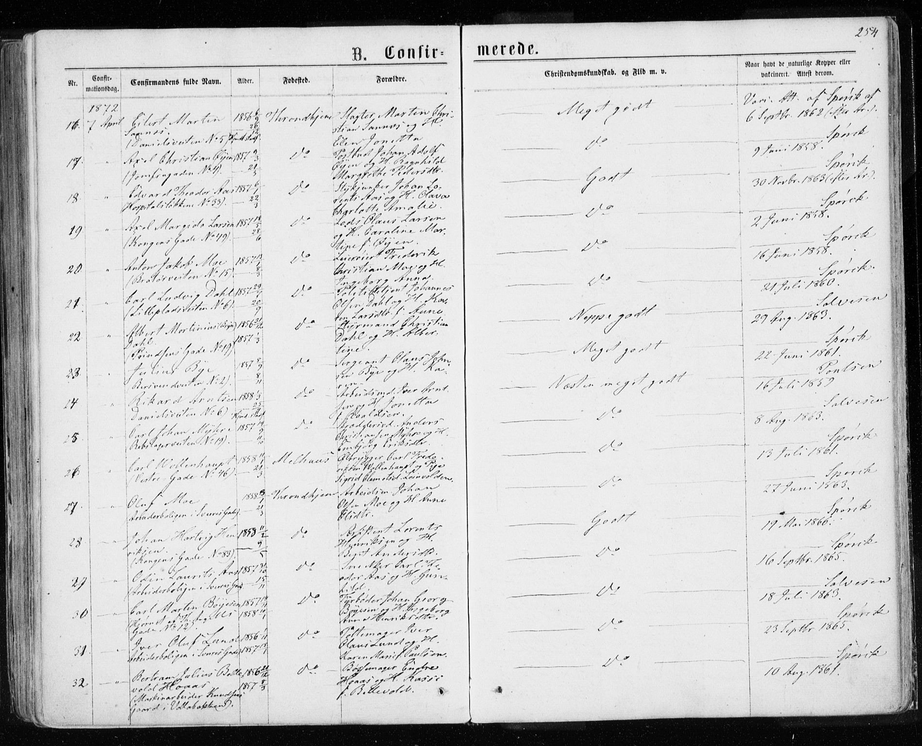 Ministerialprotokoller, klokkerbøker og fødselsregistre - Sør-Trøndelag, SAT/A-1456/601/L0054: Parish register (official) no. 601A22, 1866-1877, p. 254