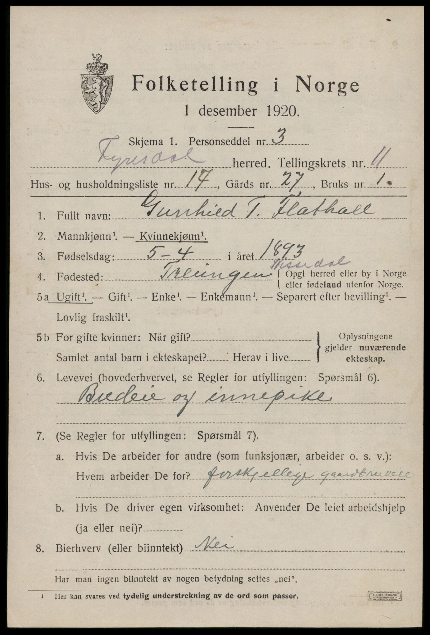 SAKO, 1920 census for Fyresdal, 1920, p. 4157