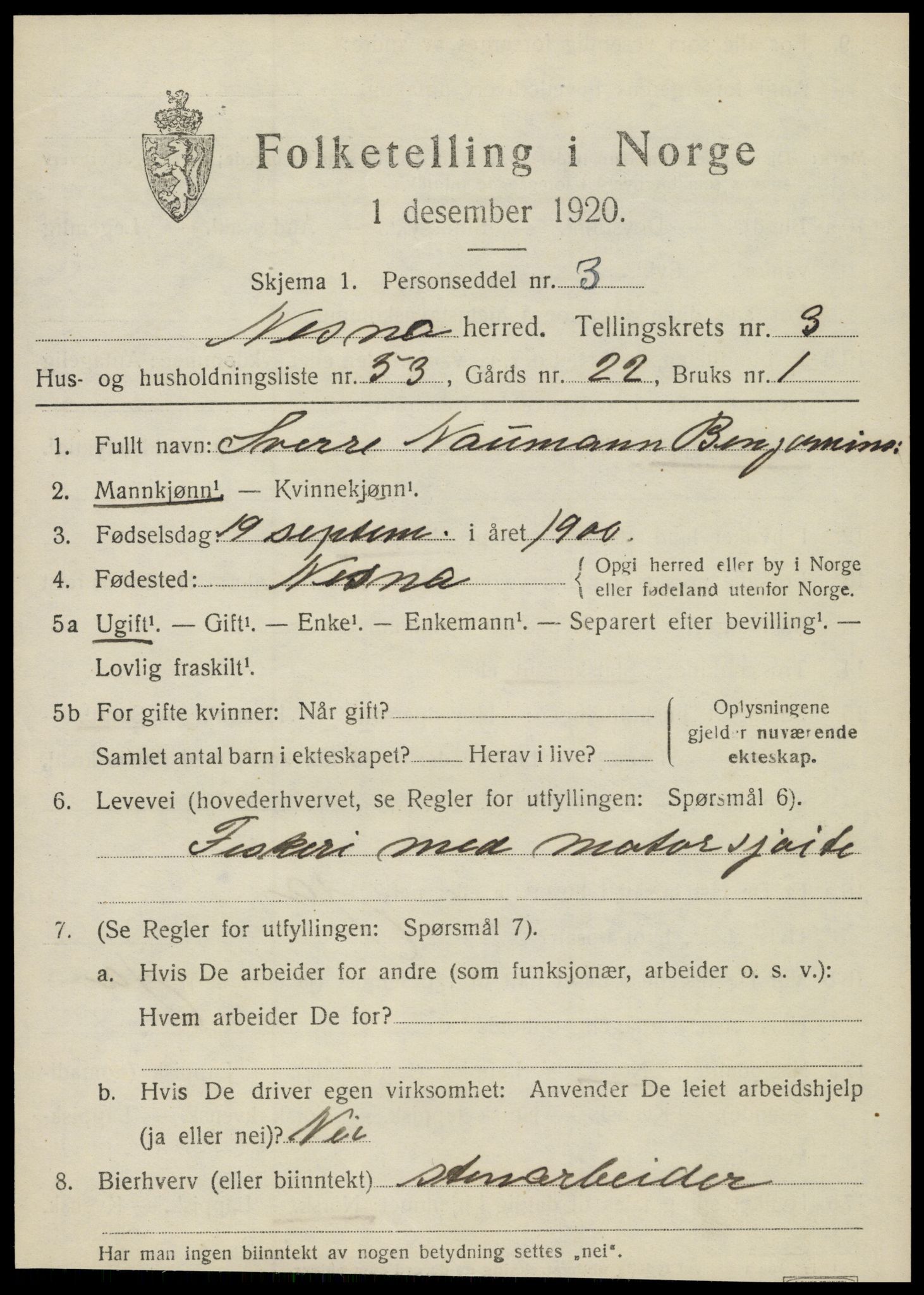 SAT, 1920 census for Nesna, 1920, p. 3239