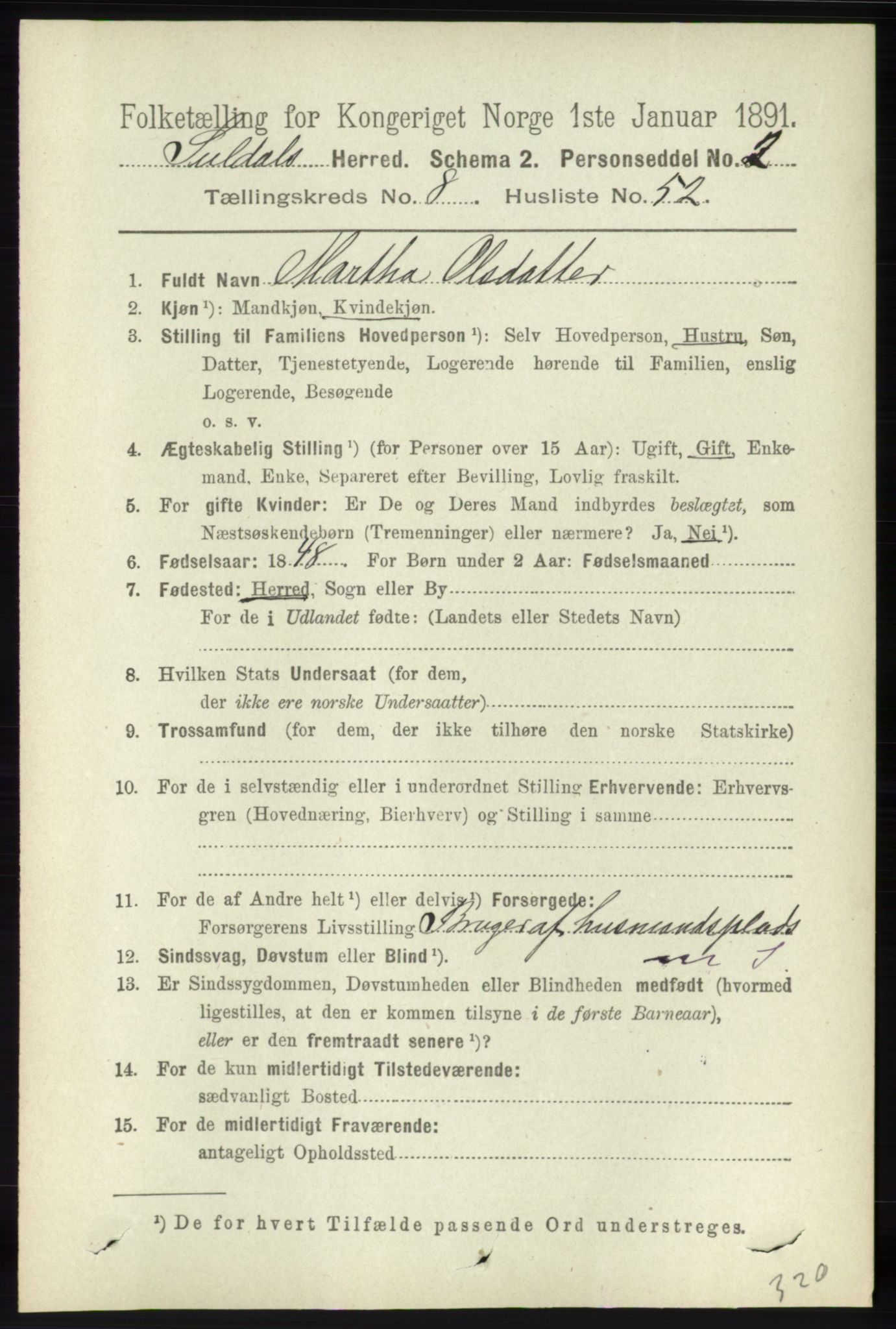 RA, 1891 census for 1134 Suldal, 1891, p. 2610