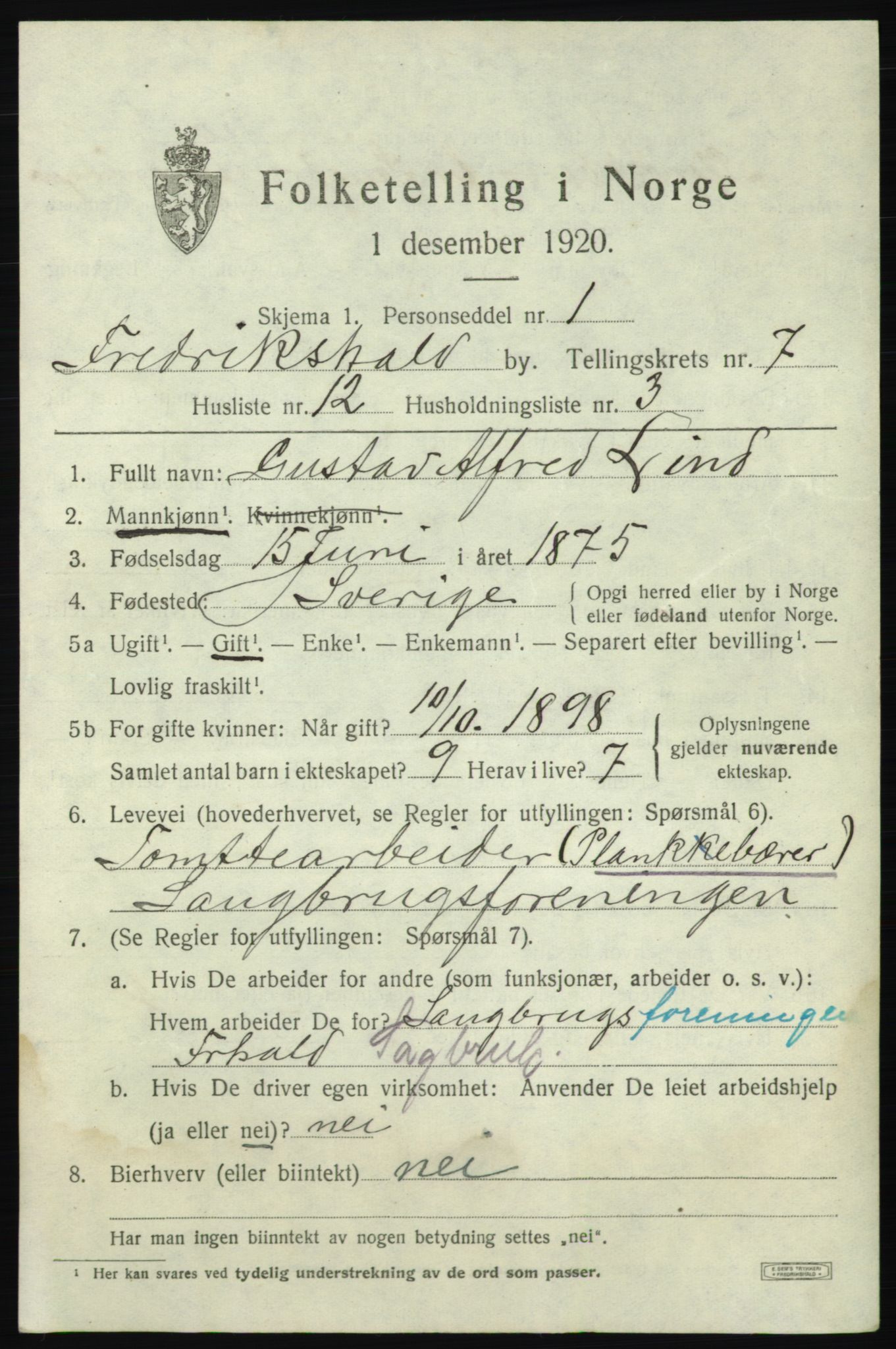 SAO, 1920 census for Fredrikshald, 1920, p. 14052