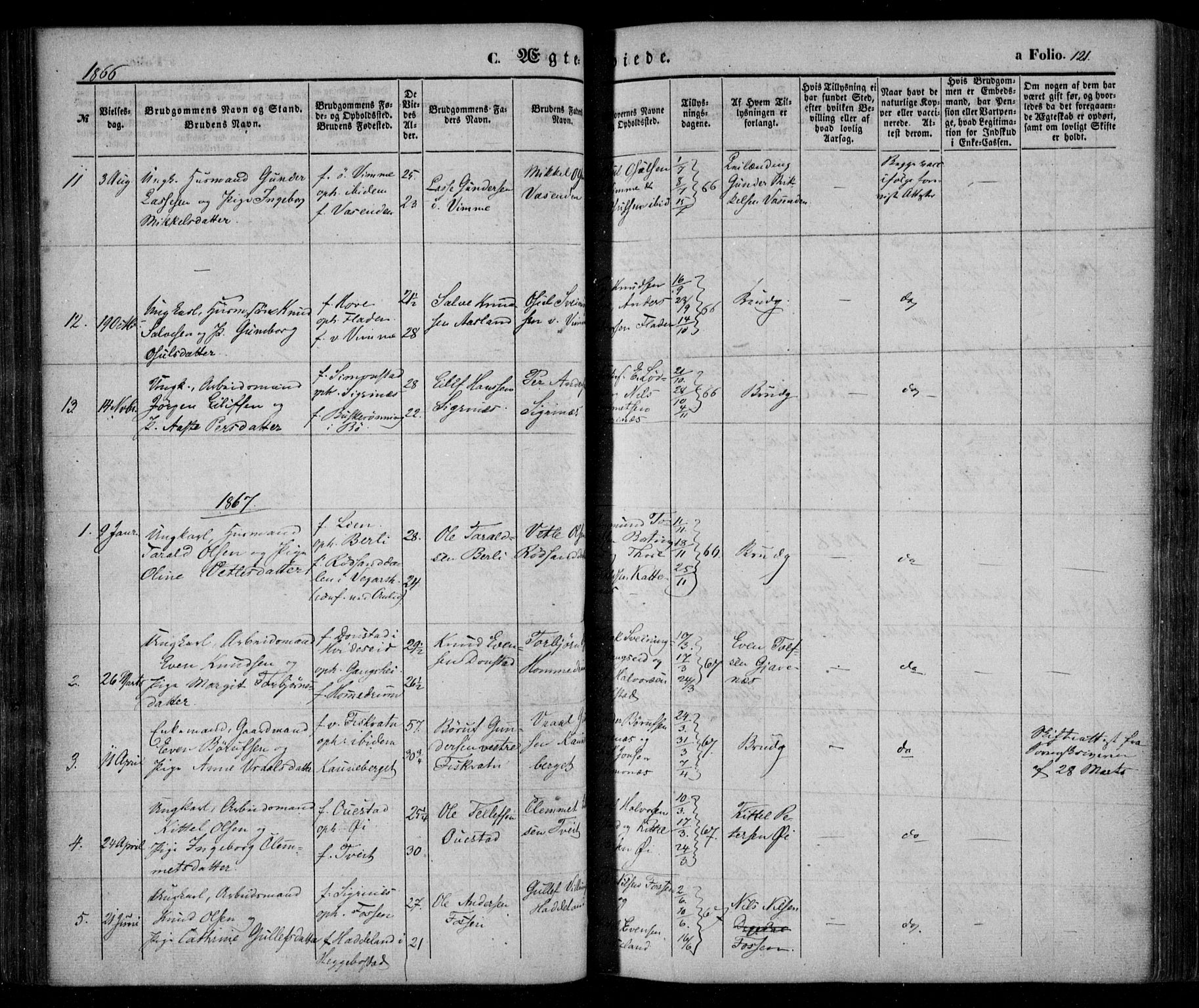 Åmli sokneprestkontor, SAK/1111-0050/F/Fa/Fac/L0008: Parish register (official) no. A 8, 1852-1869, p. 121