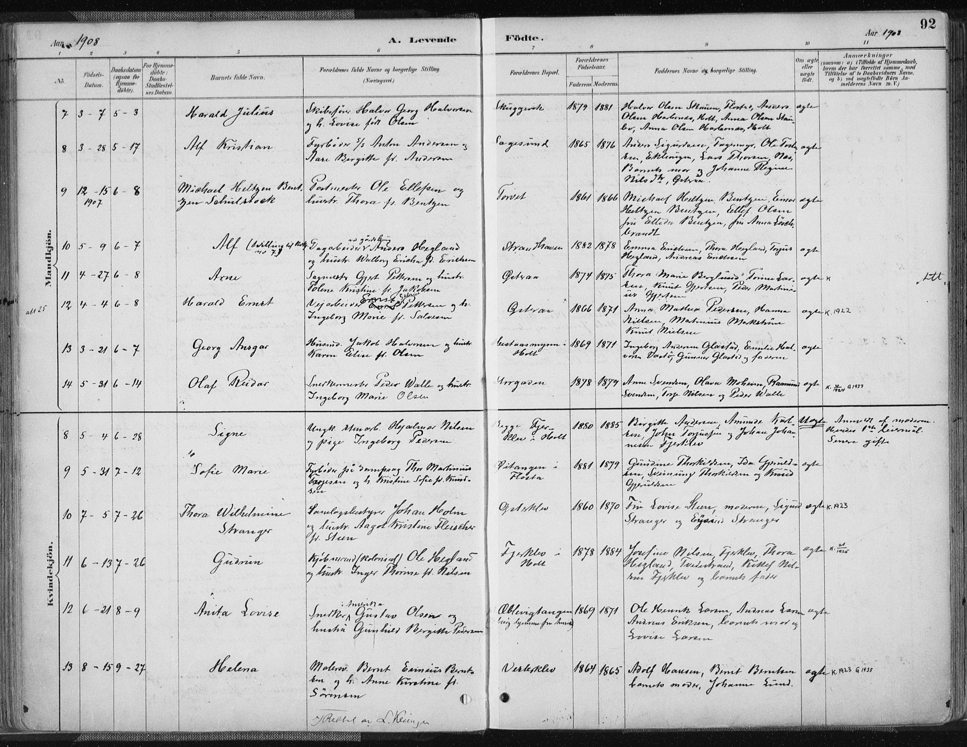 Tvedestrand sokneprestkontor, SAK/1111-0042/F/Fa/L0001: Parish register (official) no. A 1, 1885-1916, p. 92