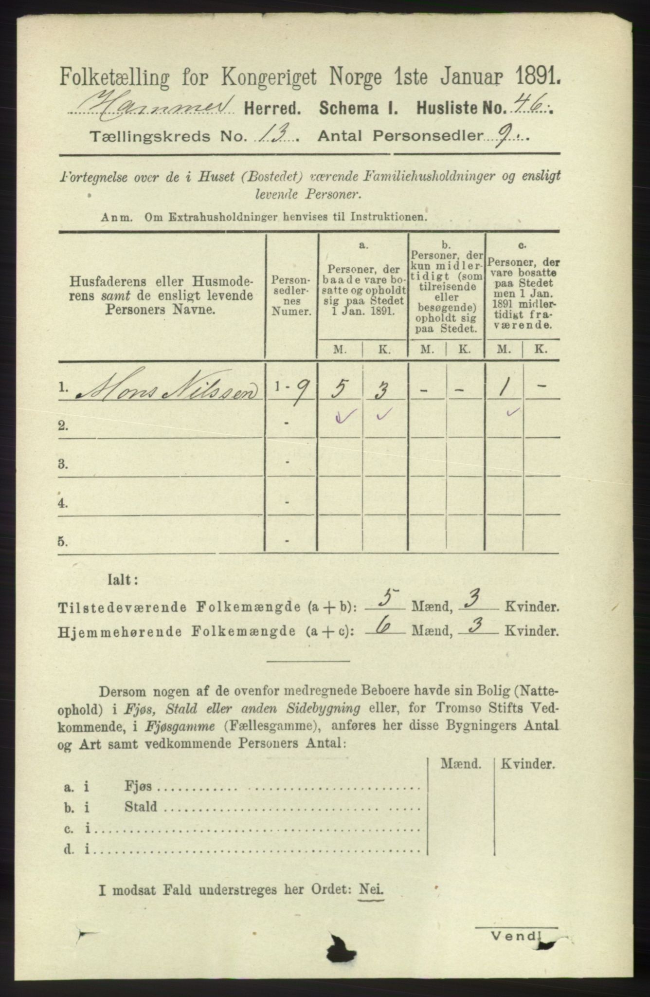 RA, 1891 census for 1254 Hamre, 1891, p. 3990